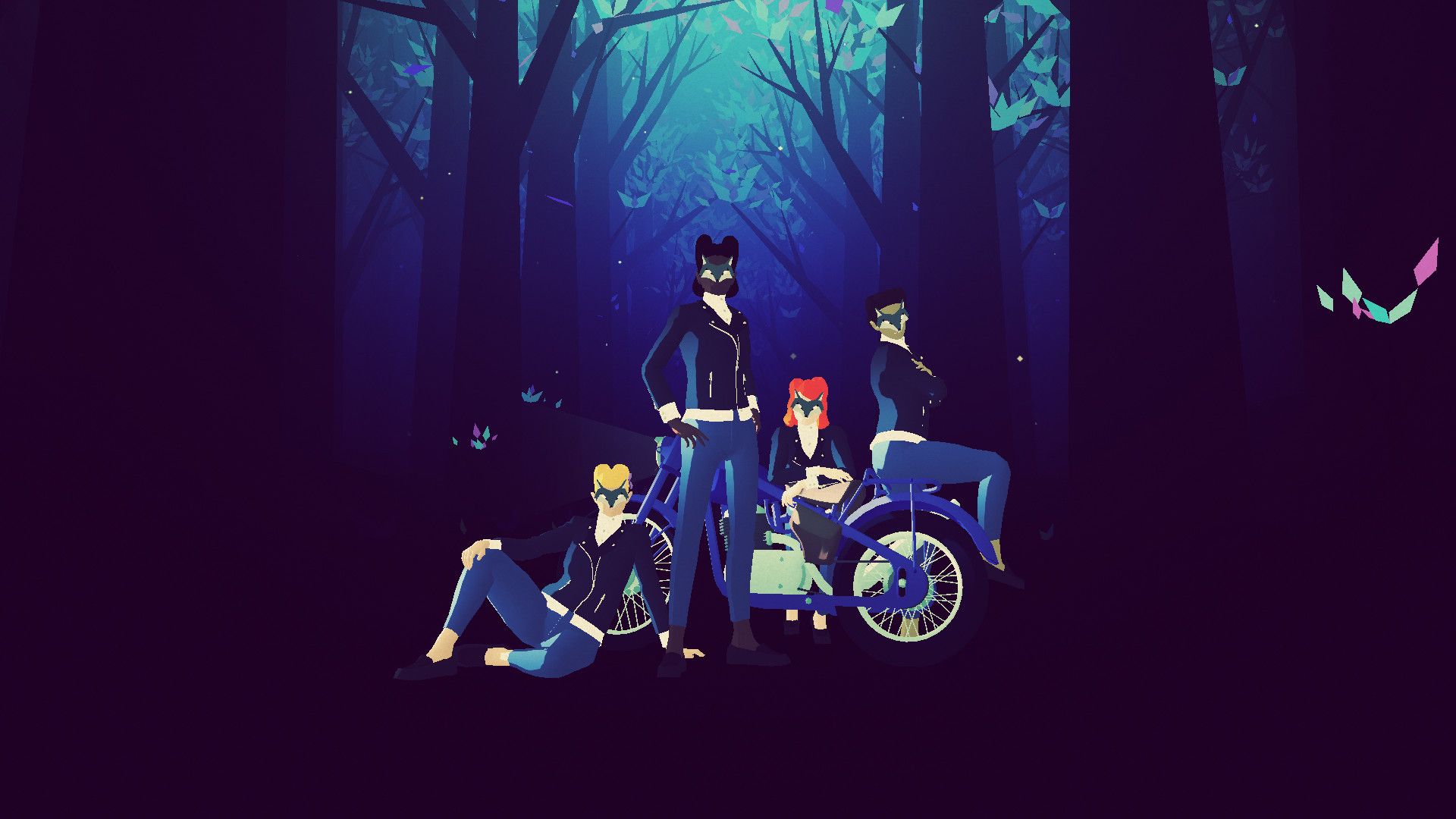 A group of masked characters and a motorcycle stand in a blue forest, contrasting with the city scenes.