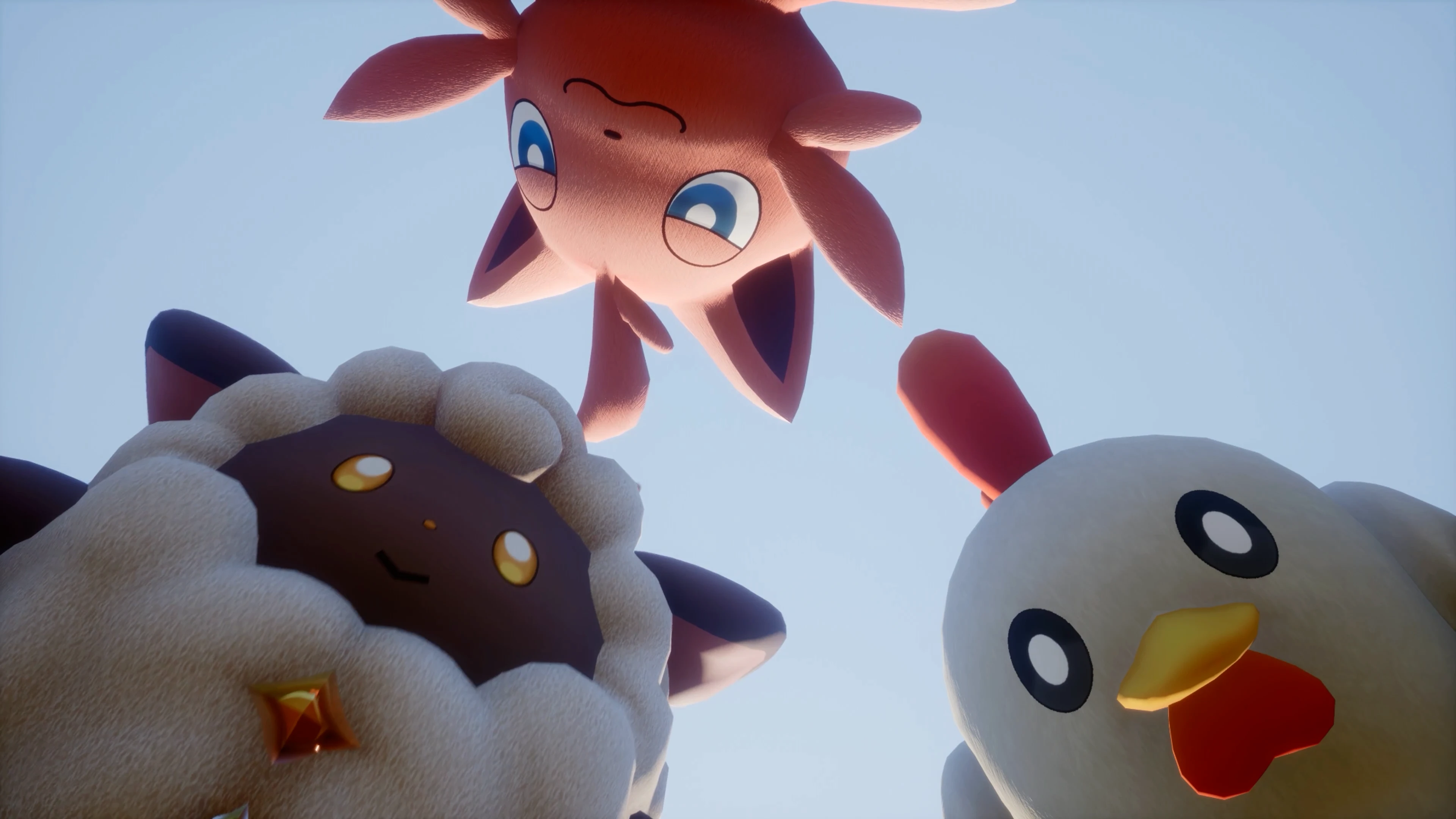 Three new Pals looking toward the camera in an official Palworld scene.