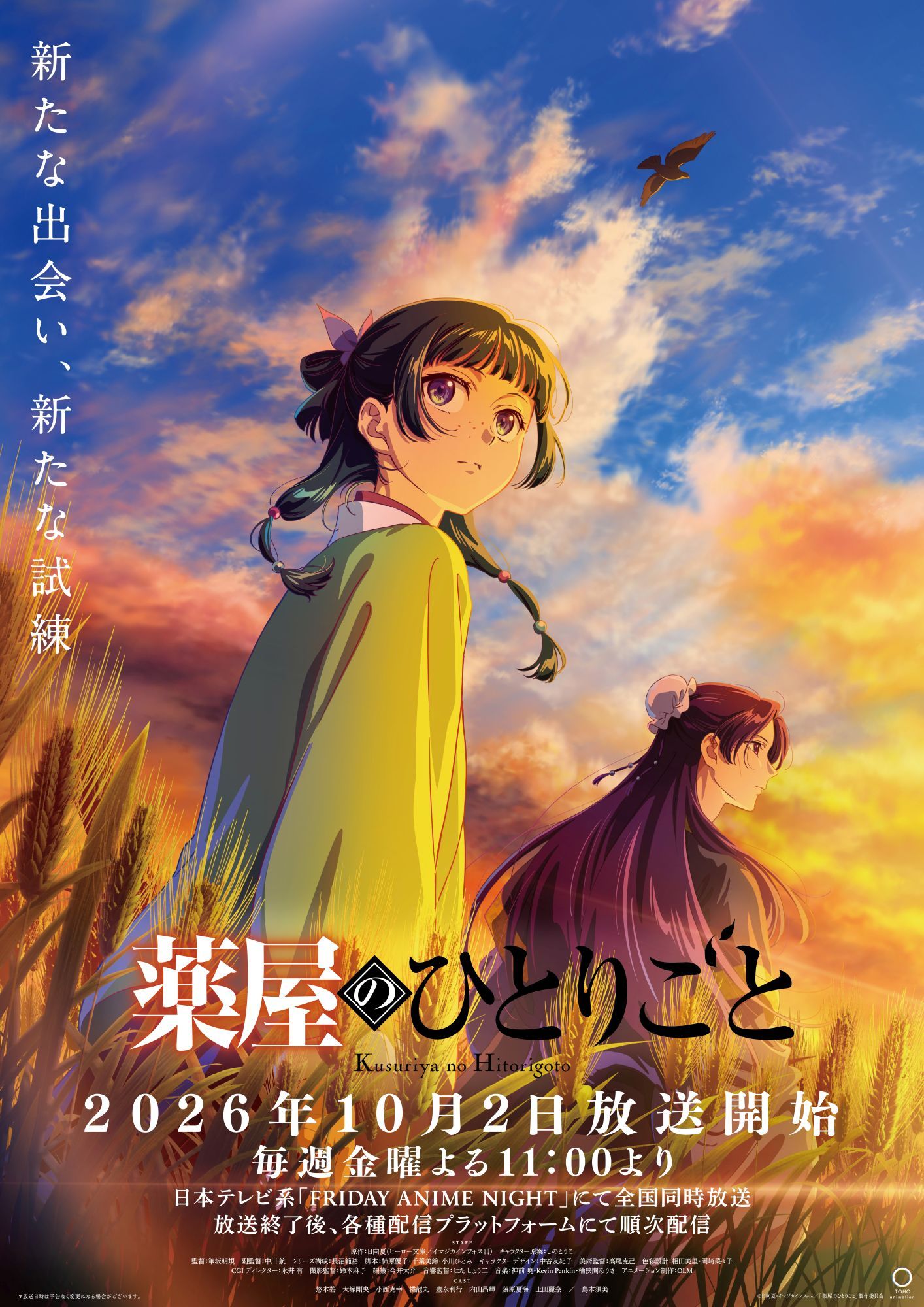 Official poster shows Maomao and Jinshi in a golden field at sunset, with Japanese release text.