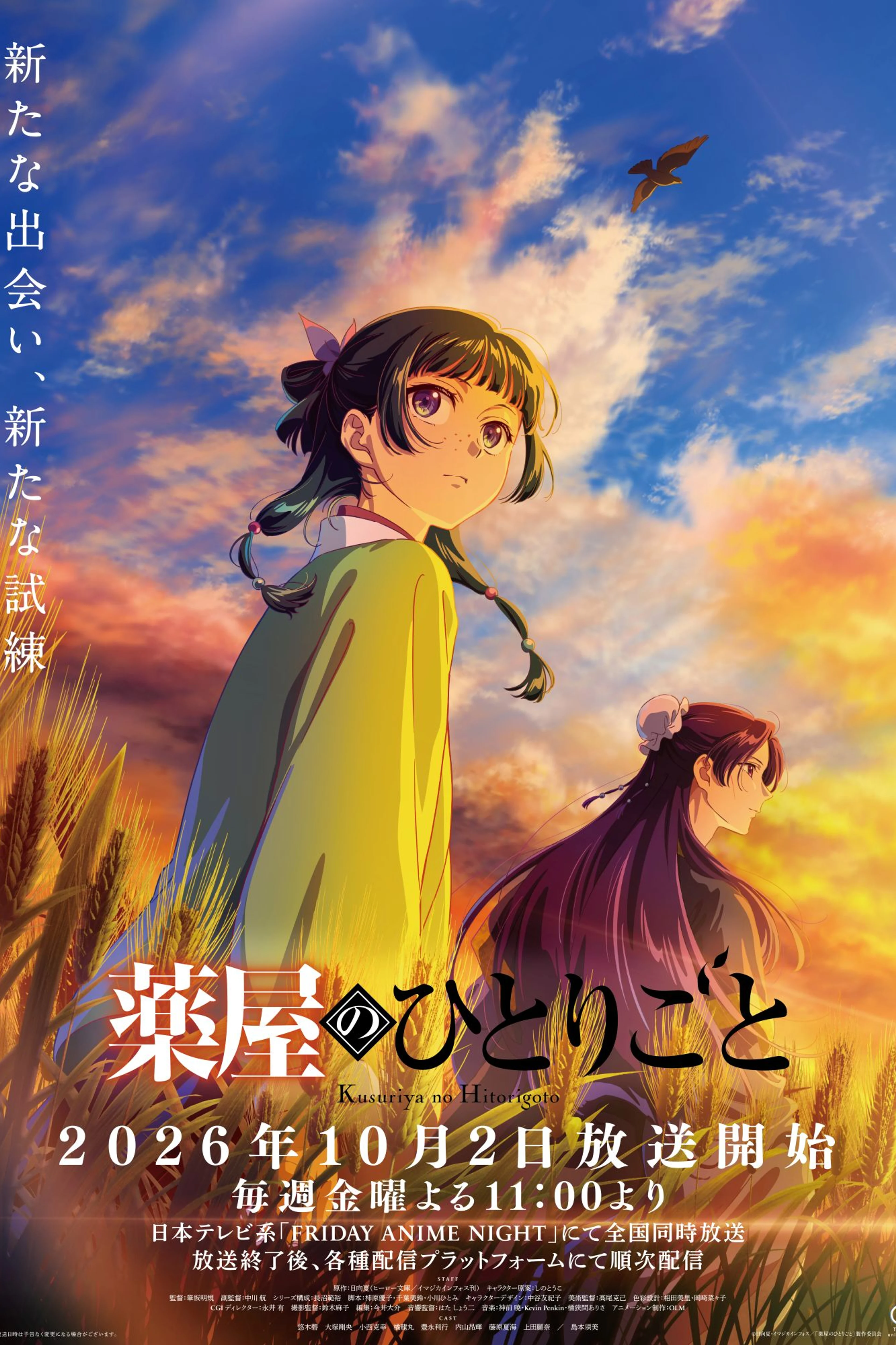 Official poster shows Maomao and Jinshi in a golden field at sunset, with Japanese release text.