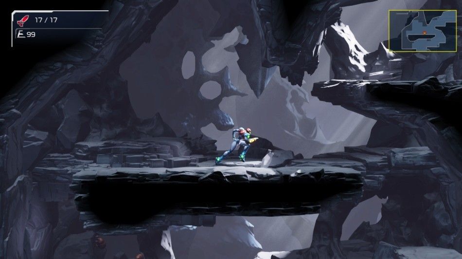 Samus runs across a rocky platform with her arm cannon drawn.