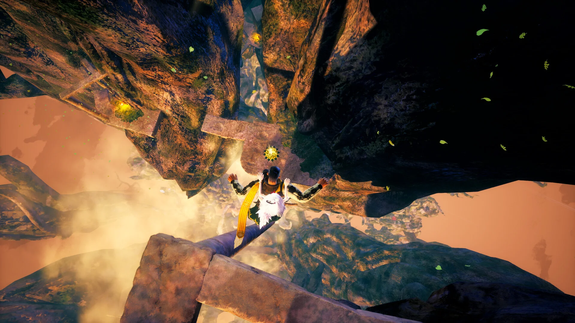 The soldier falls toward a glowing flower marker in Where the Seeds Fall.