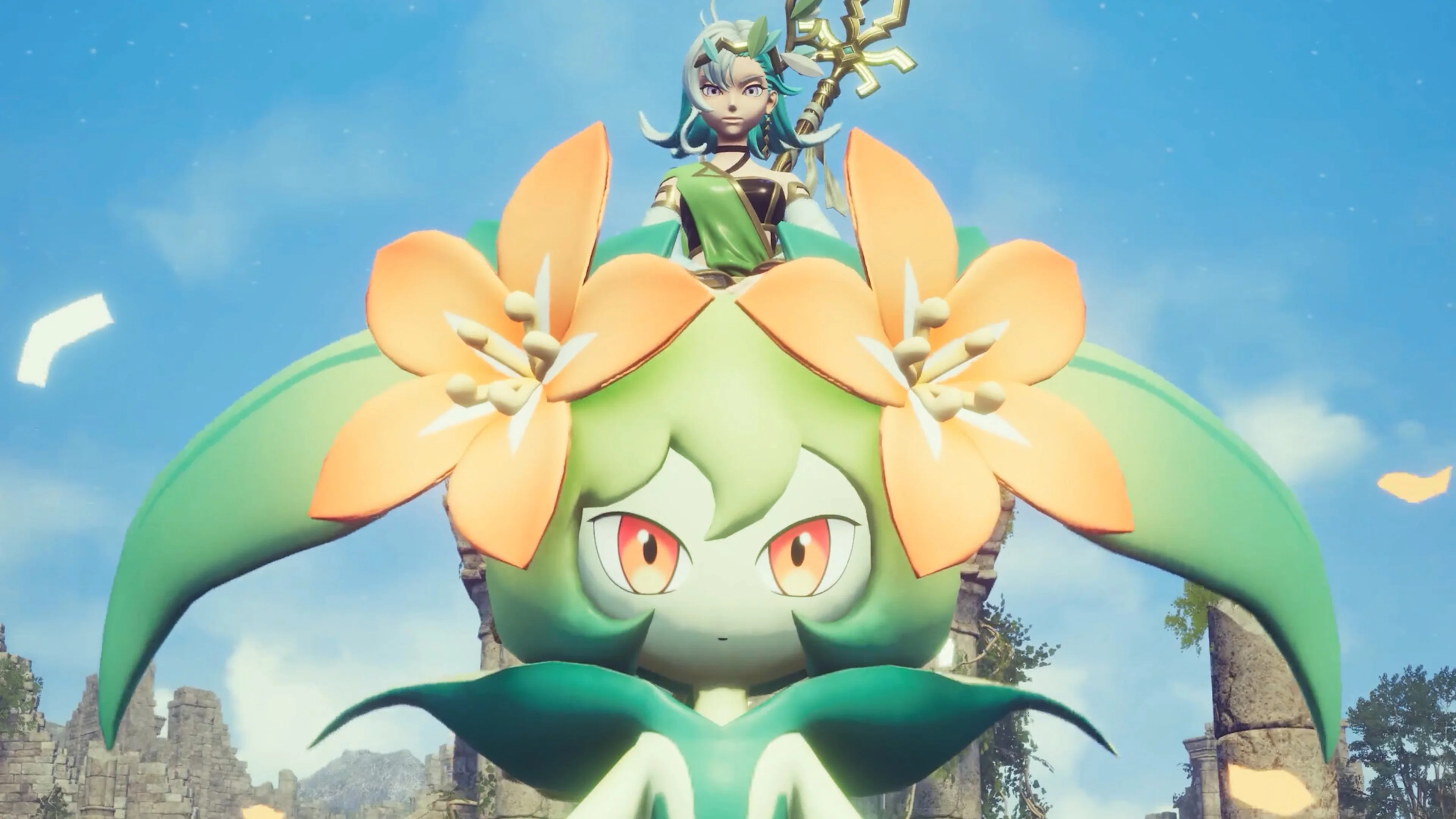 A Palworld character riding a large green Pal in the sky.