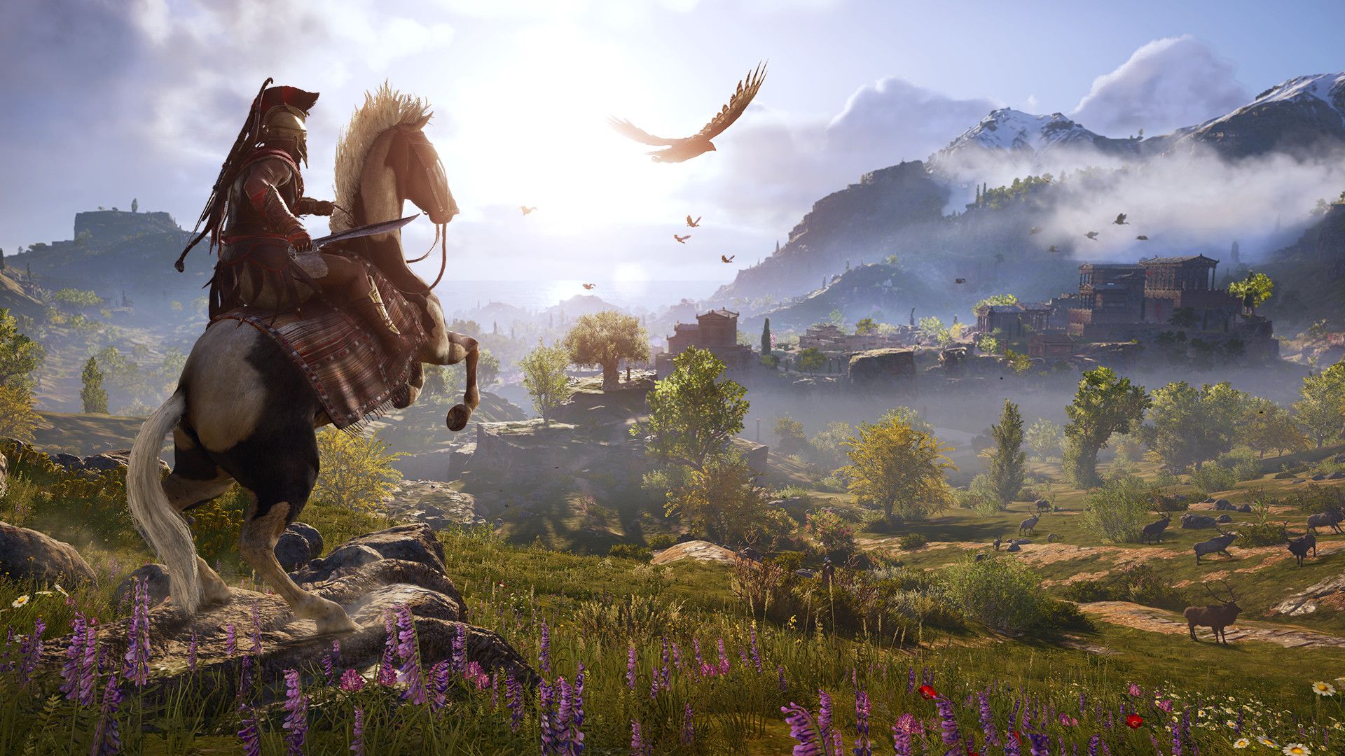 A mounted mercenary looks over a green Greek valley and distant village.