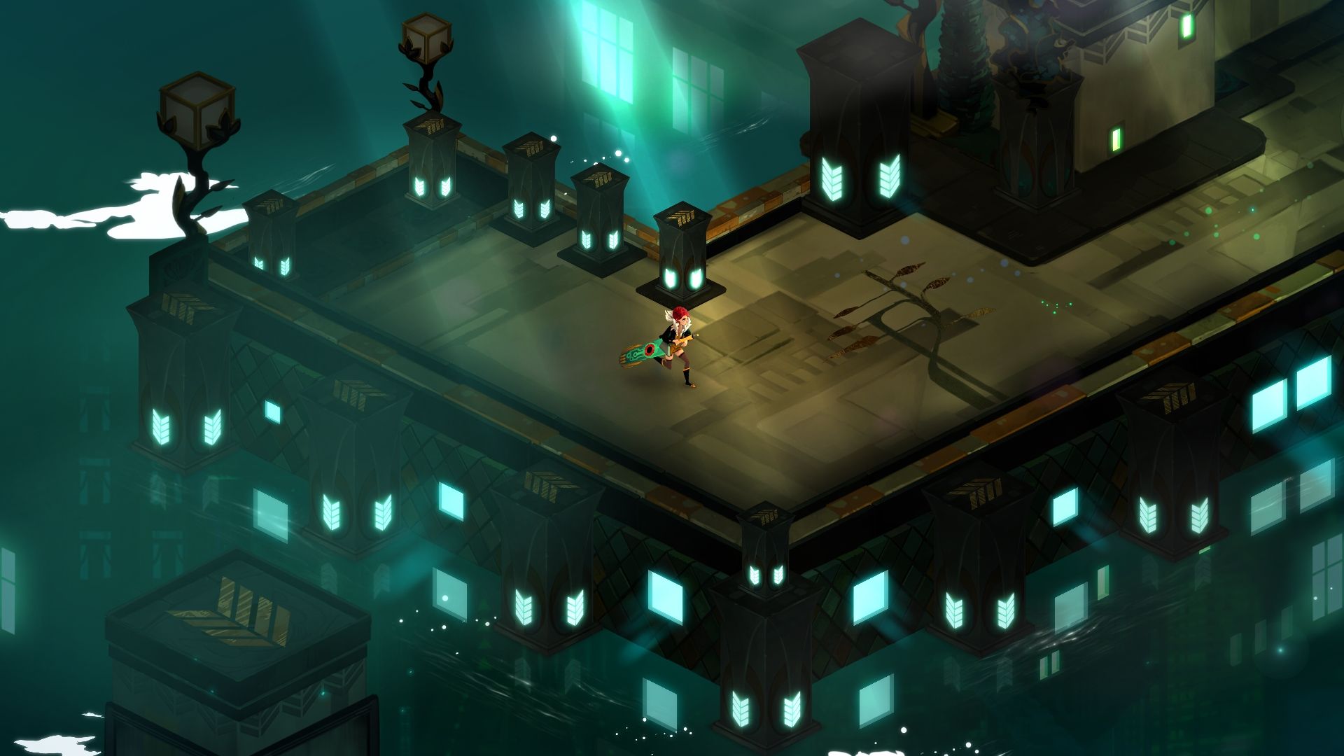 Red stands on a high city walkway above glowing windows and dark towers.