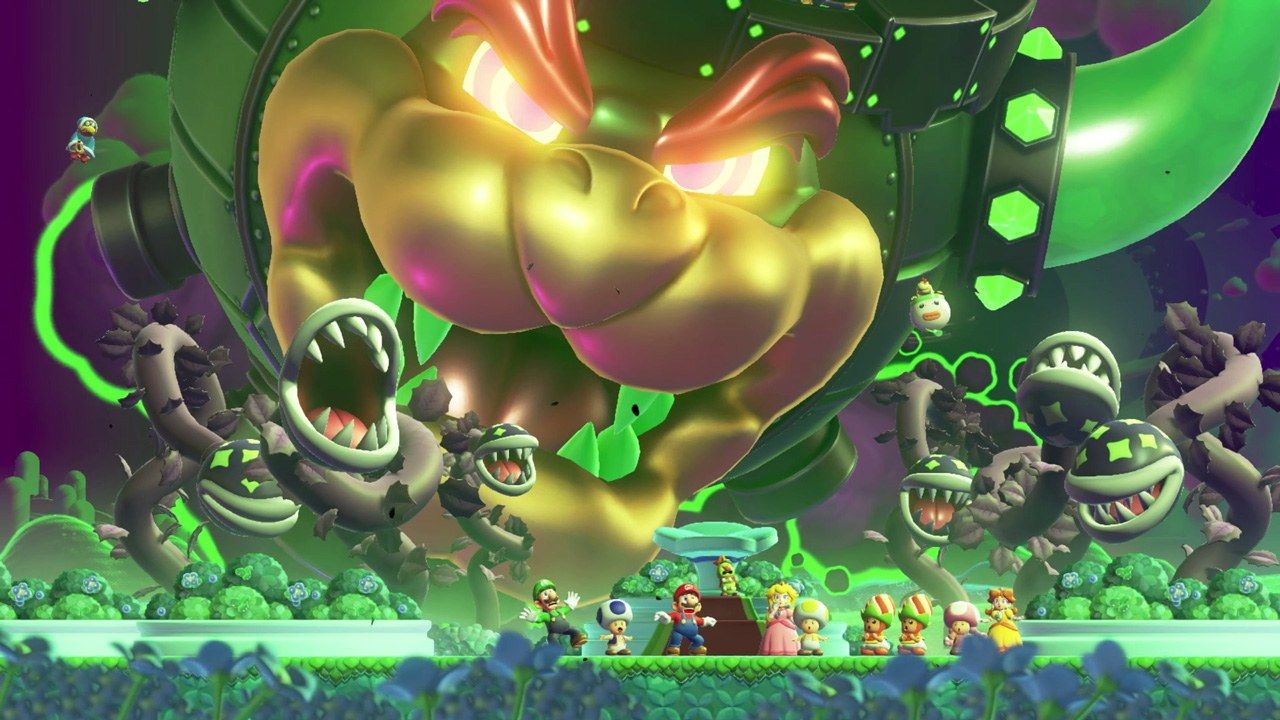 Mario and friends stand before an enormous transformed Bowser.