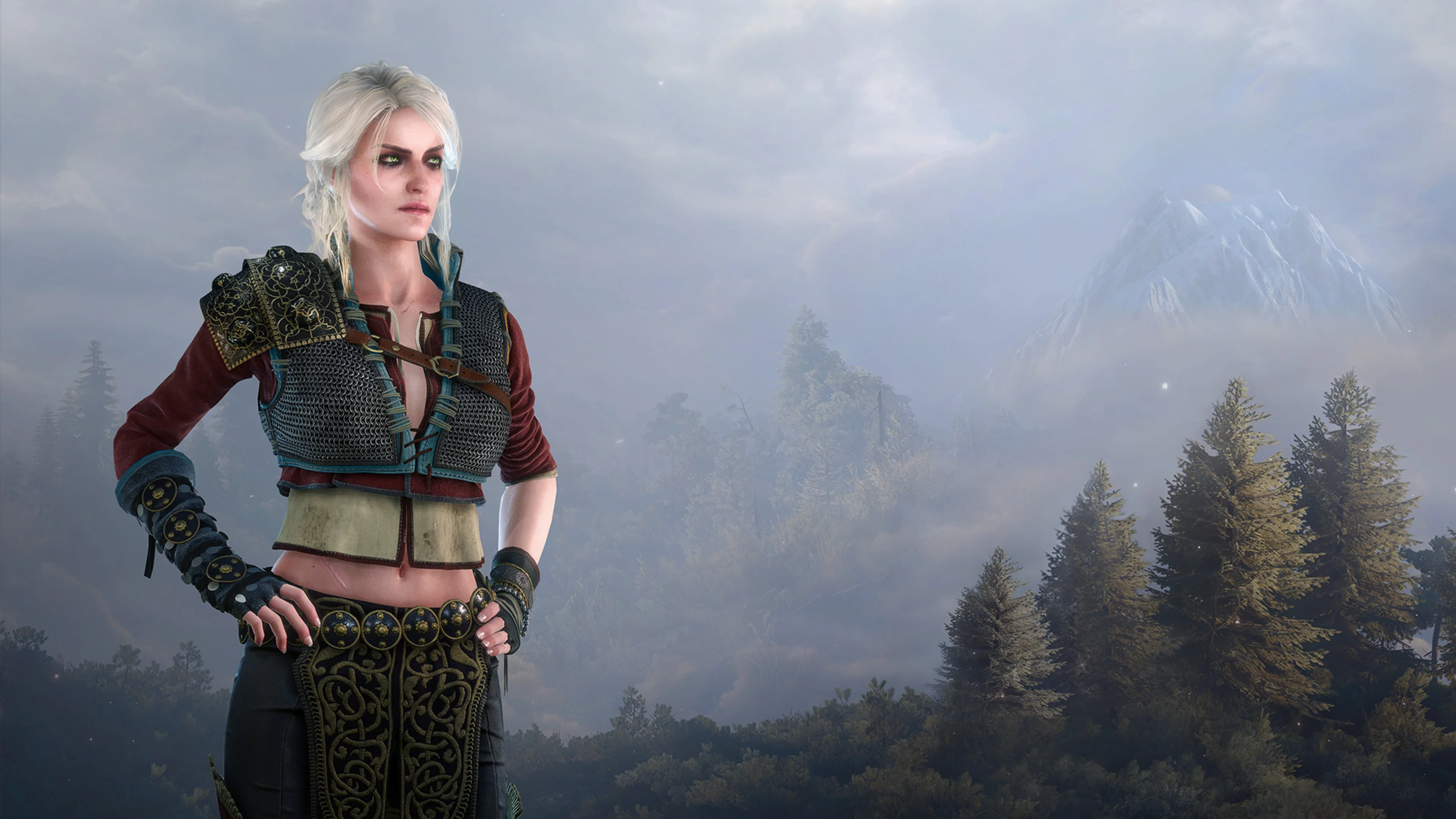Ciri stands in a mountain landscape in The Witcher 3: Wild Hunt.