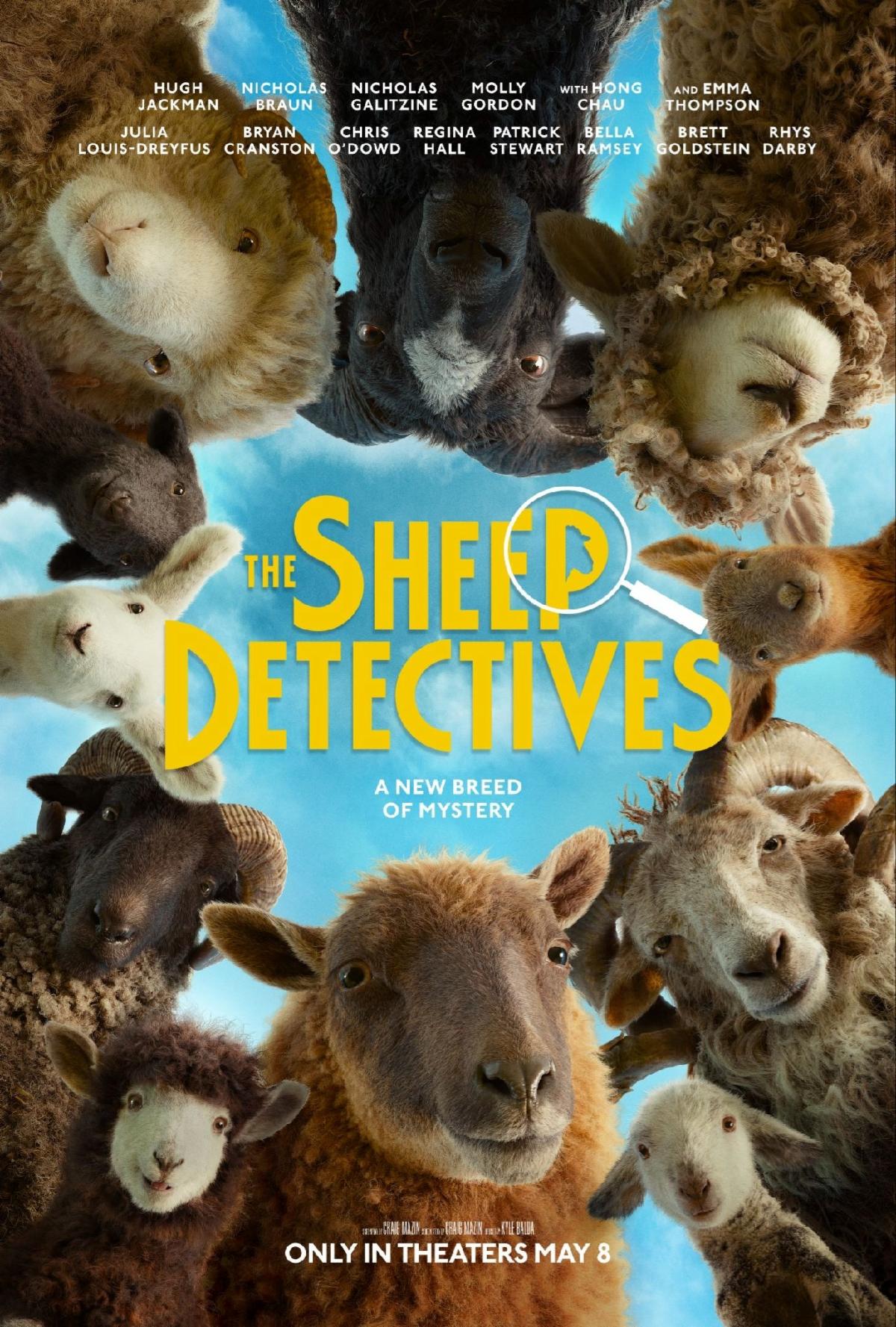 Official The Sheep Detectives poster with sheep around the yellow title against a blue sky.
