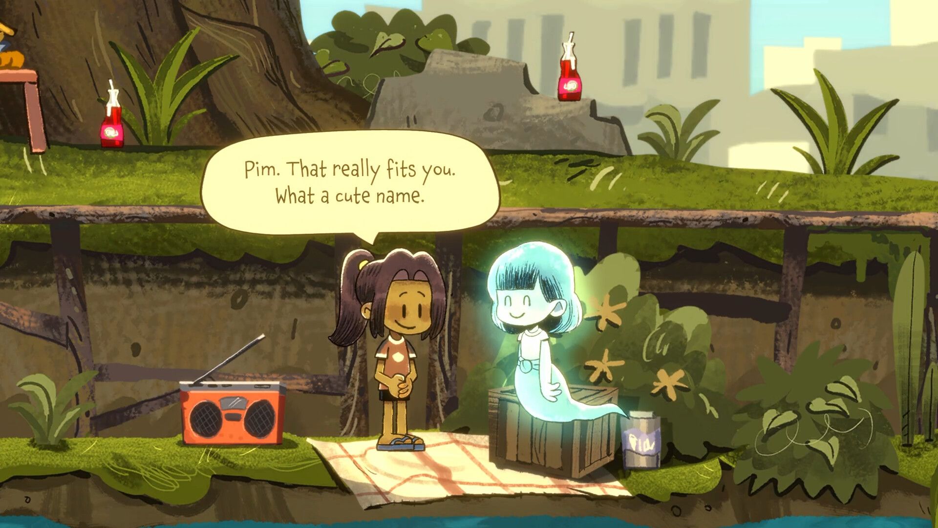 Mai talks with the cheerful ghost Pim beside a riverbank in Dancing with Ghosts.