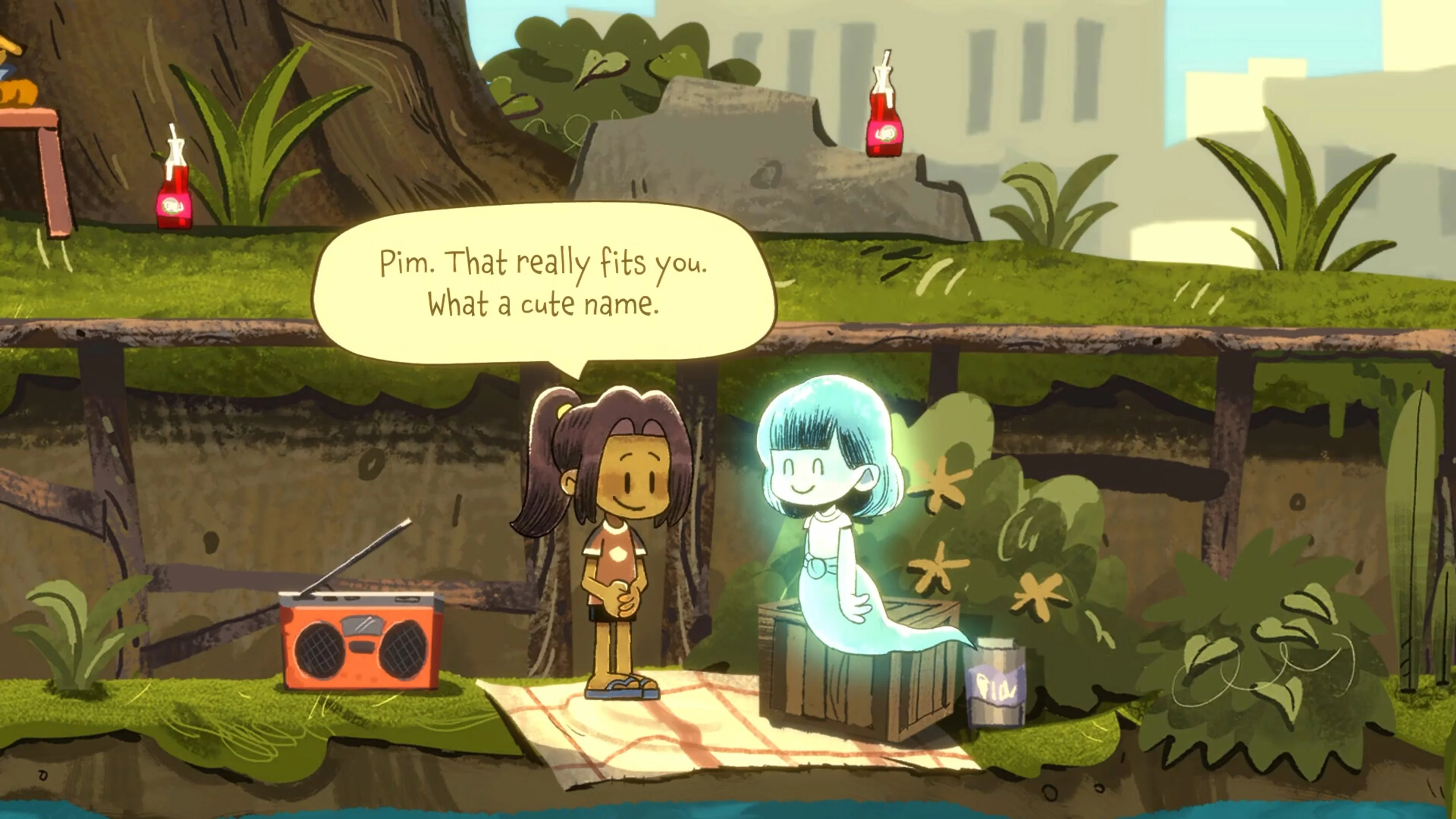 Mai talks with the cheerful ghost Pim beside a riverbank in Dancing with Ghosts.