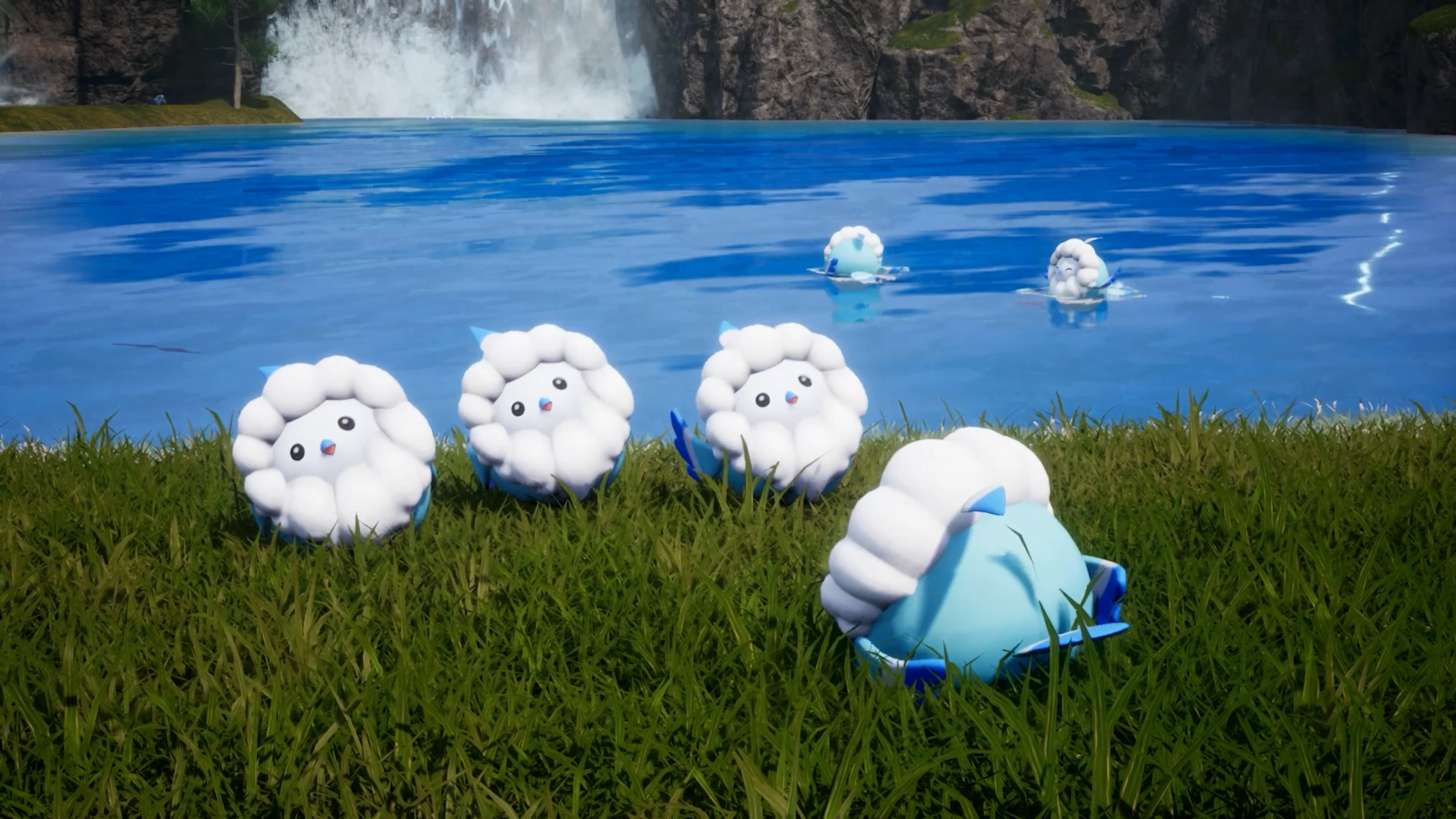 Several small white Pals beside a Palworld player near a lake.
