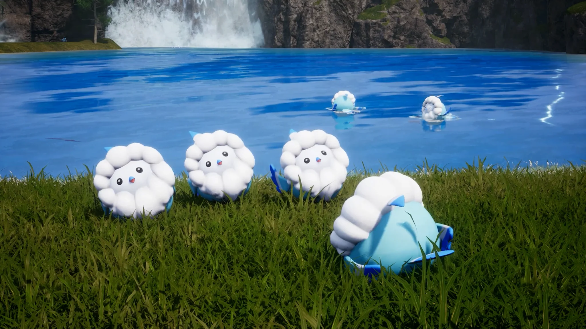 Several small white Pals beside a Palworld player near a lake.