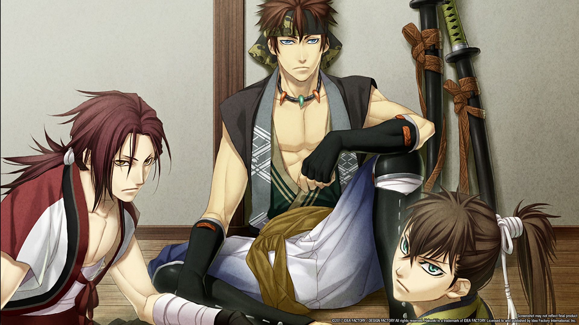 Three members of the group sit together indoors in Hakuoki: Kyoto Winds.