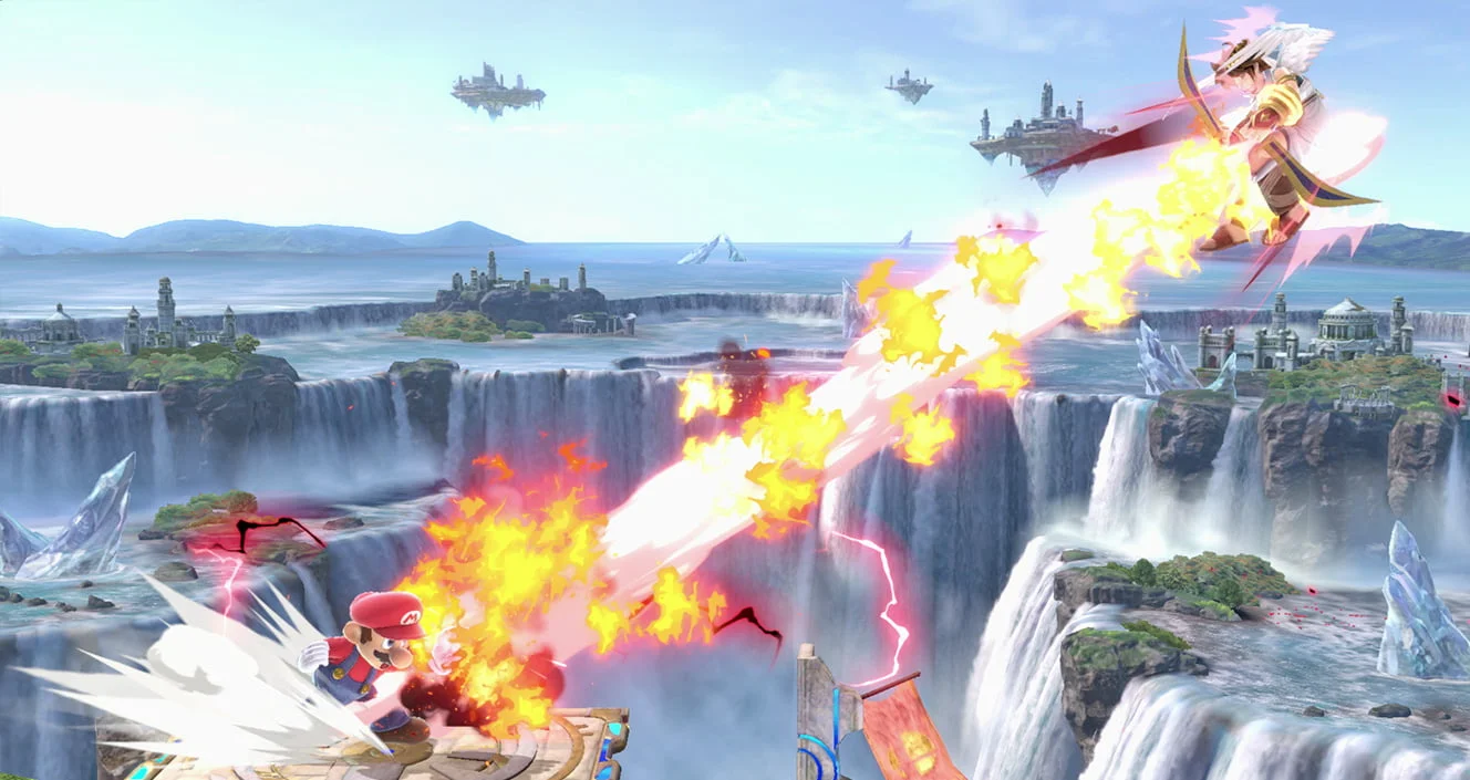A fighter is launched diagonally upward from a platform with a bright impact trail.