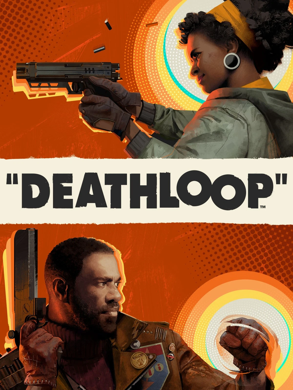 Official Deathloop poster with Julianna above the title and Colt below it.