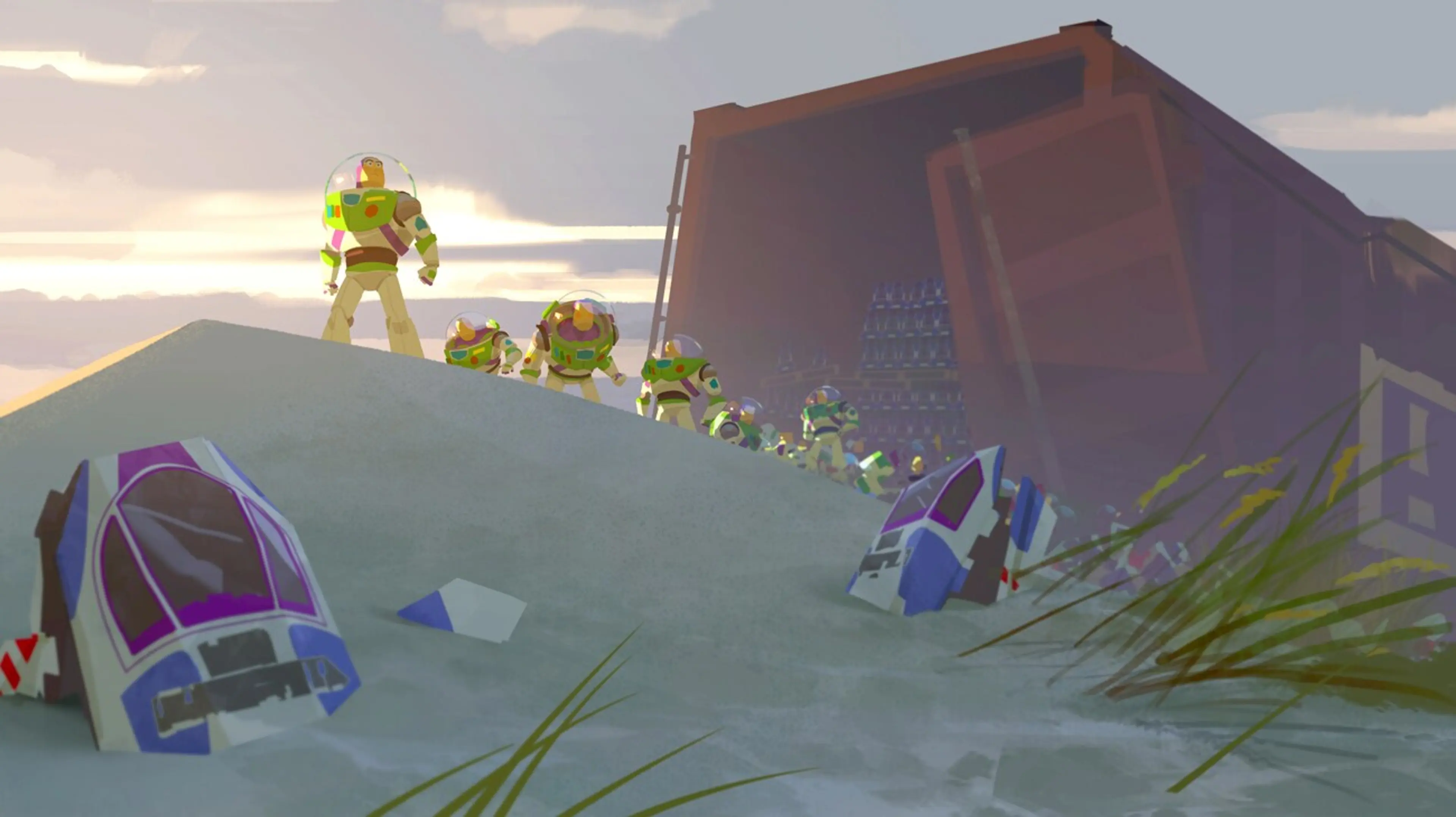 Painted concept art shows Buzz Lightyear figures leaving a shipping container on a beach.