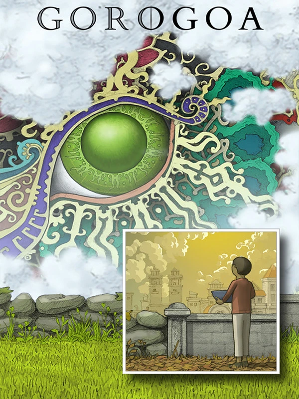 Official Gorogoa cover with the game title, hand-drawn architecture and a large green eye motif.