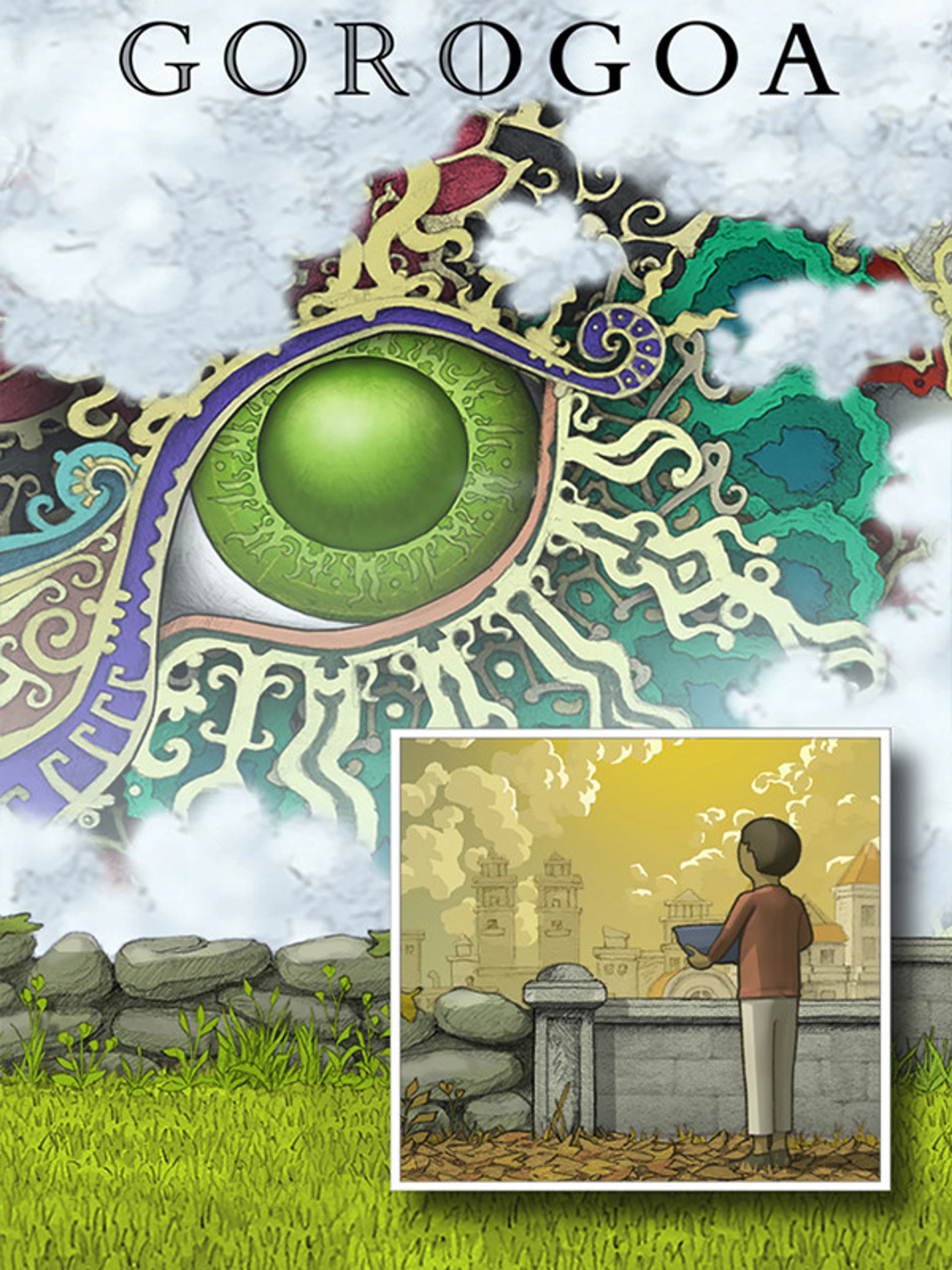 Official Gorogoa cover with the game title, hand-drawn architecture and a large green eye motif.
