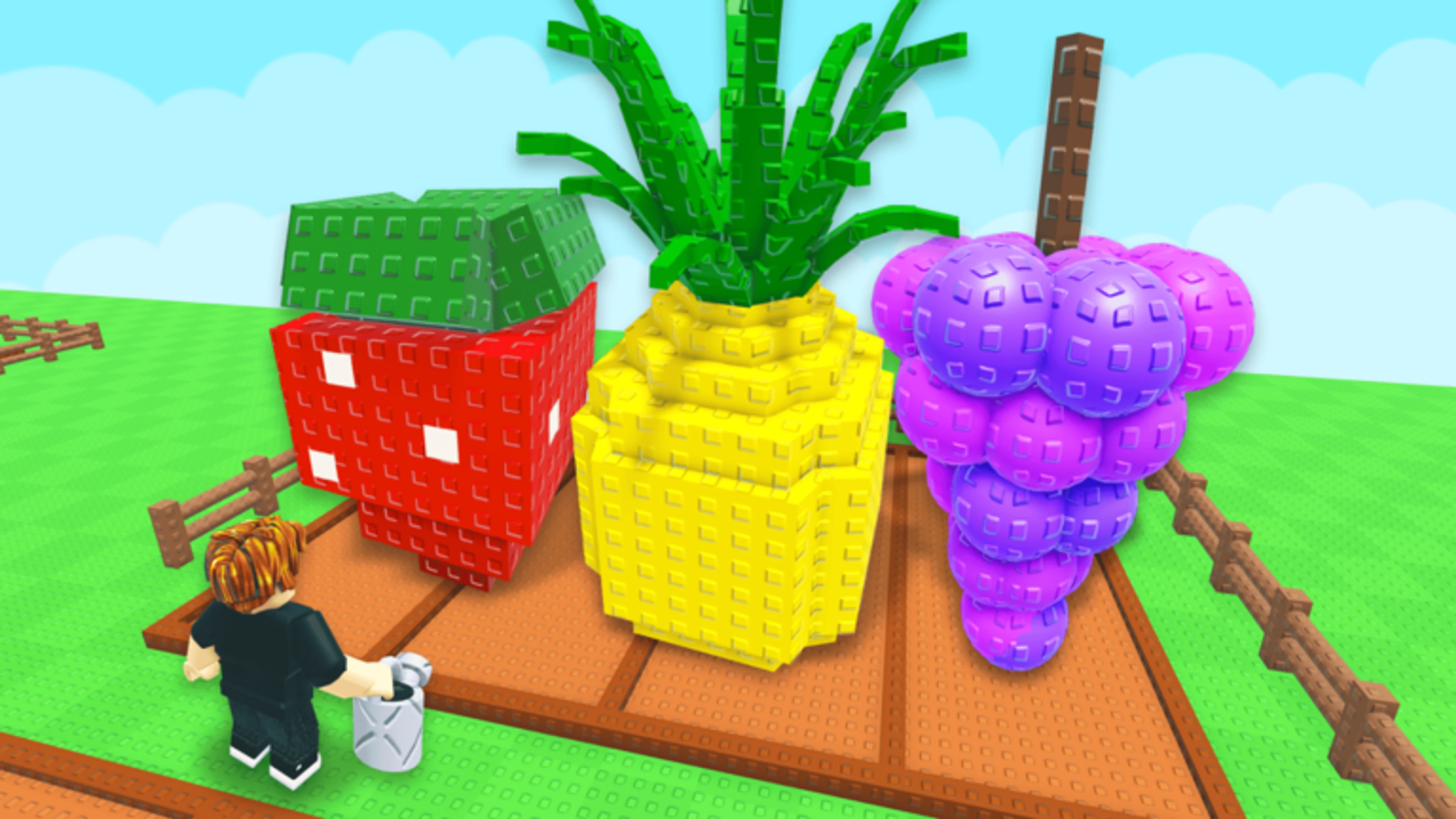 Large colorful crops growing inside an official Grow a Garden 2 Roblox plot.