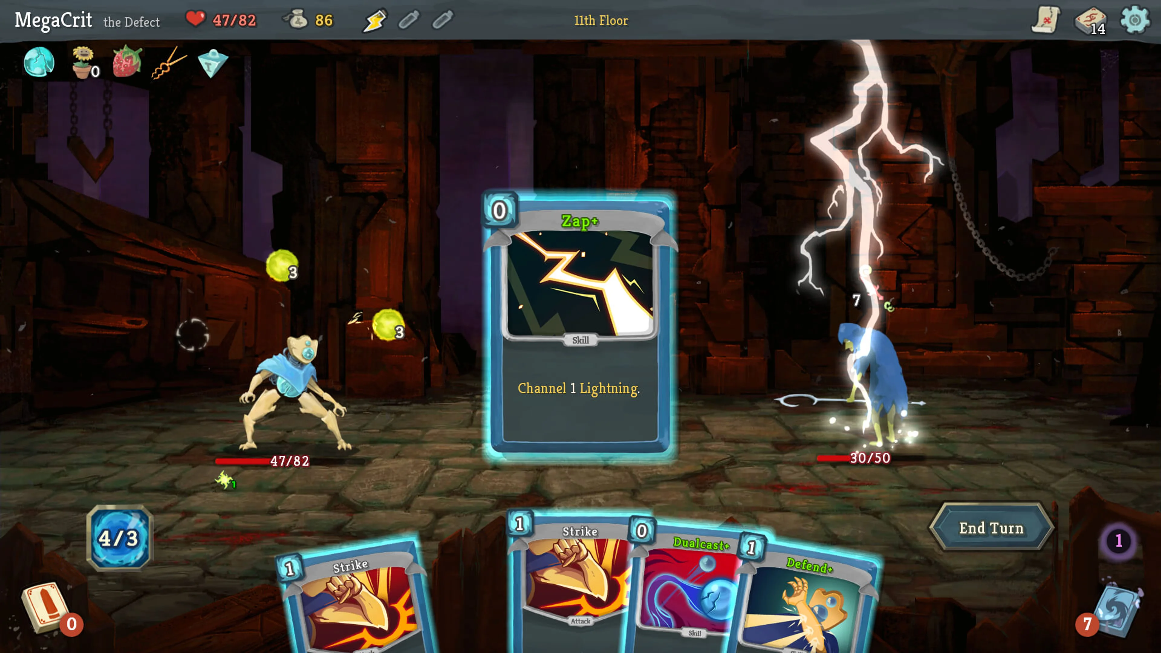 A Defect fight shows the player at left with 47/82 health, an enemy at right with 30/50 health and a 7 intent number, 4/3 energy at lower left, cards along the bottom and End Turn at lower right.