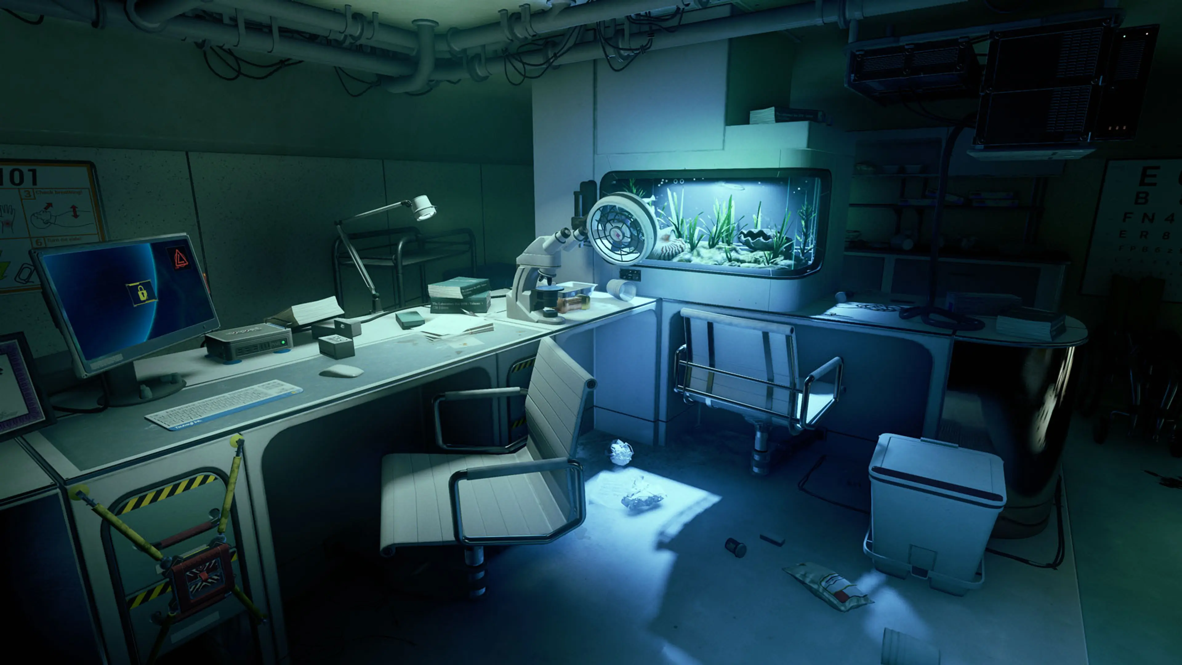 An aquarium and scientific equipment fill a research room inside Samsara in ONTOS.