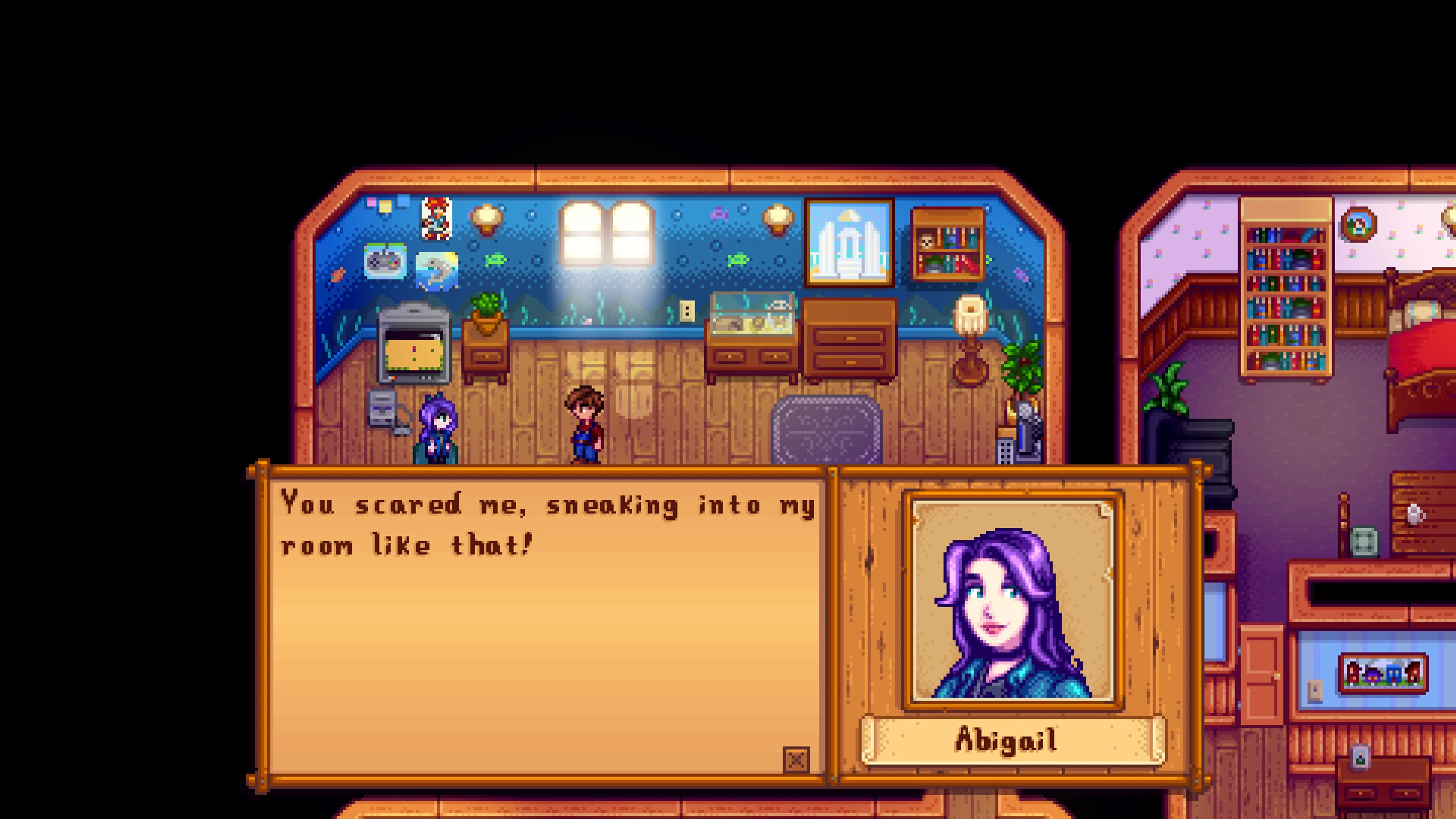 The farmer talking with Abigail in her room in Stardew Valley.