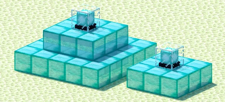 Two Minecraft beacon pyramids built from diamond blocks at different power levels.