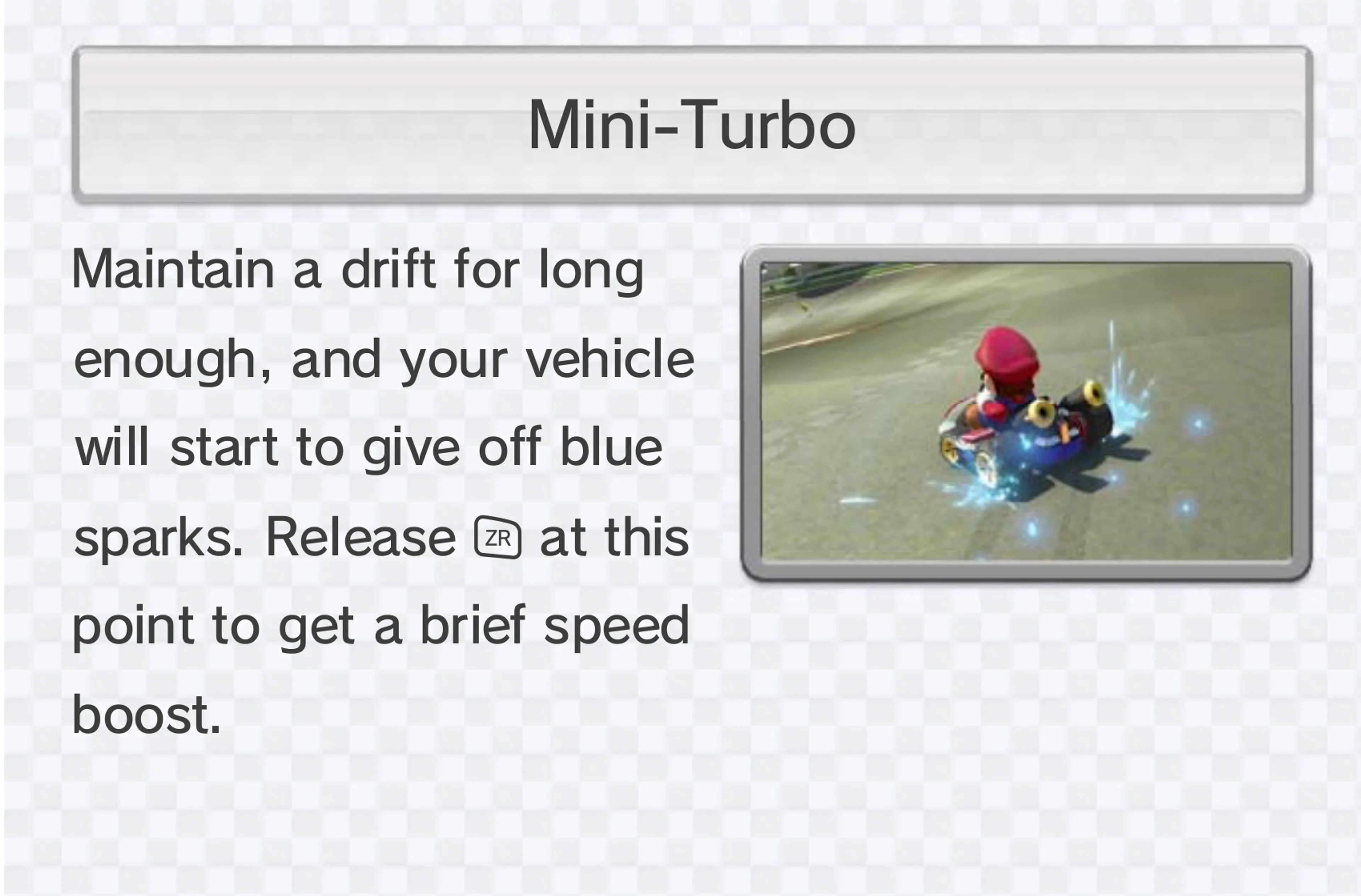 Official Nintendo Mario Kart 8 Wii U manual crop showing blue sparks beside Mario’s rear kart tires and the Mini-Turbo instruction.