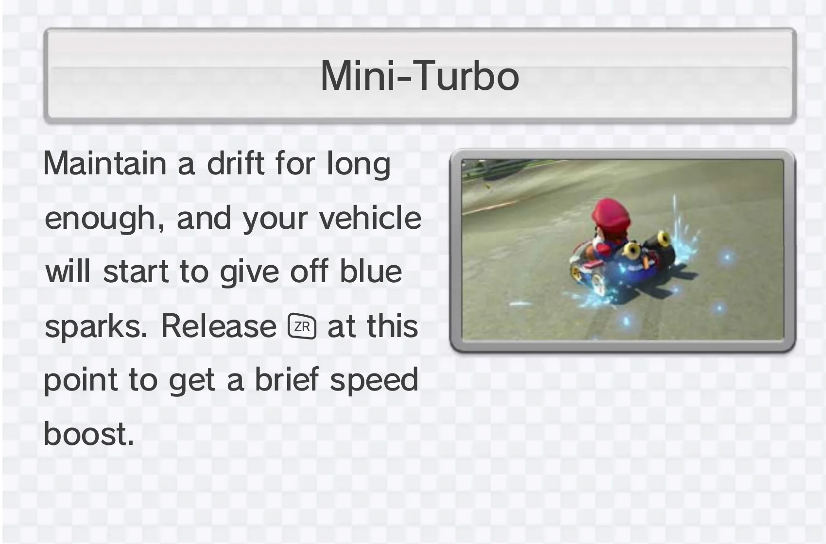 Official Nintendo Mario Kart 8 Wii U manual crop showing blue sparks beside Mario’s rear kart tires and the Mini-Turbo instruction.