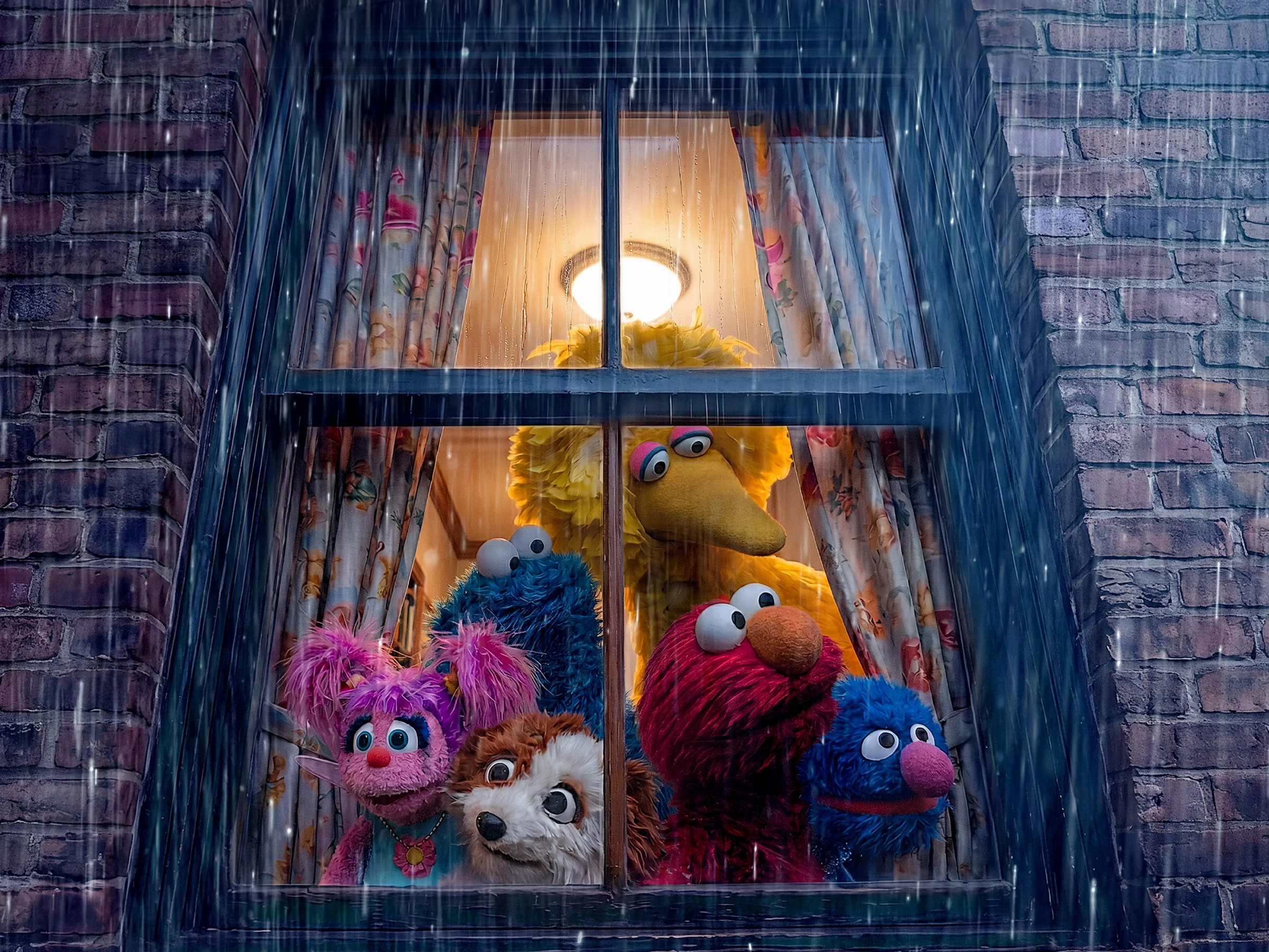 Sesame Street characters look out a window during a storm.