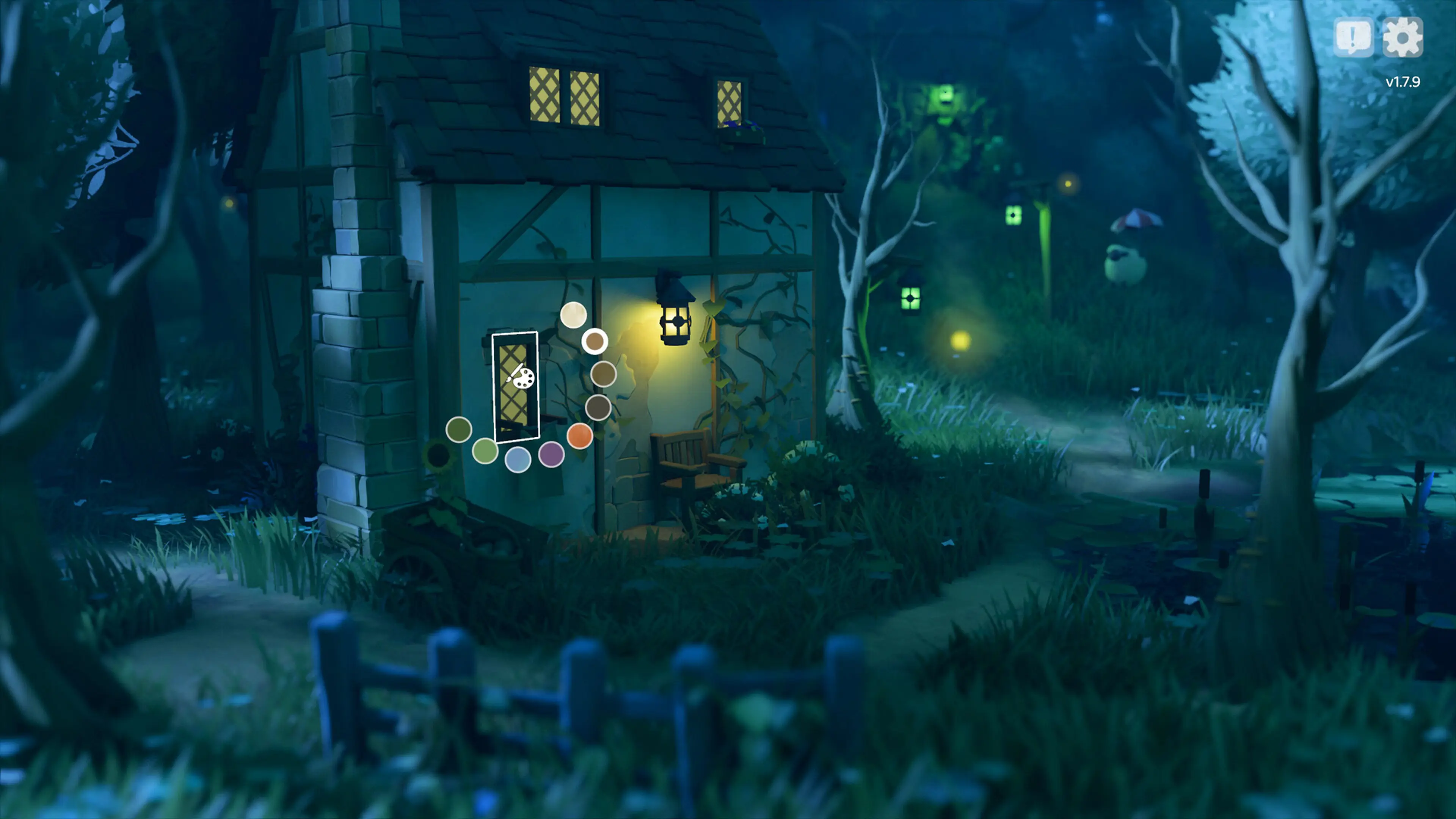 A lamp illuminating a cottage at night in Tiny Glade.