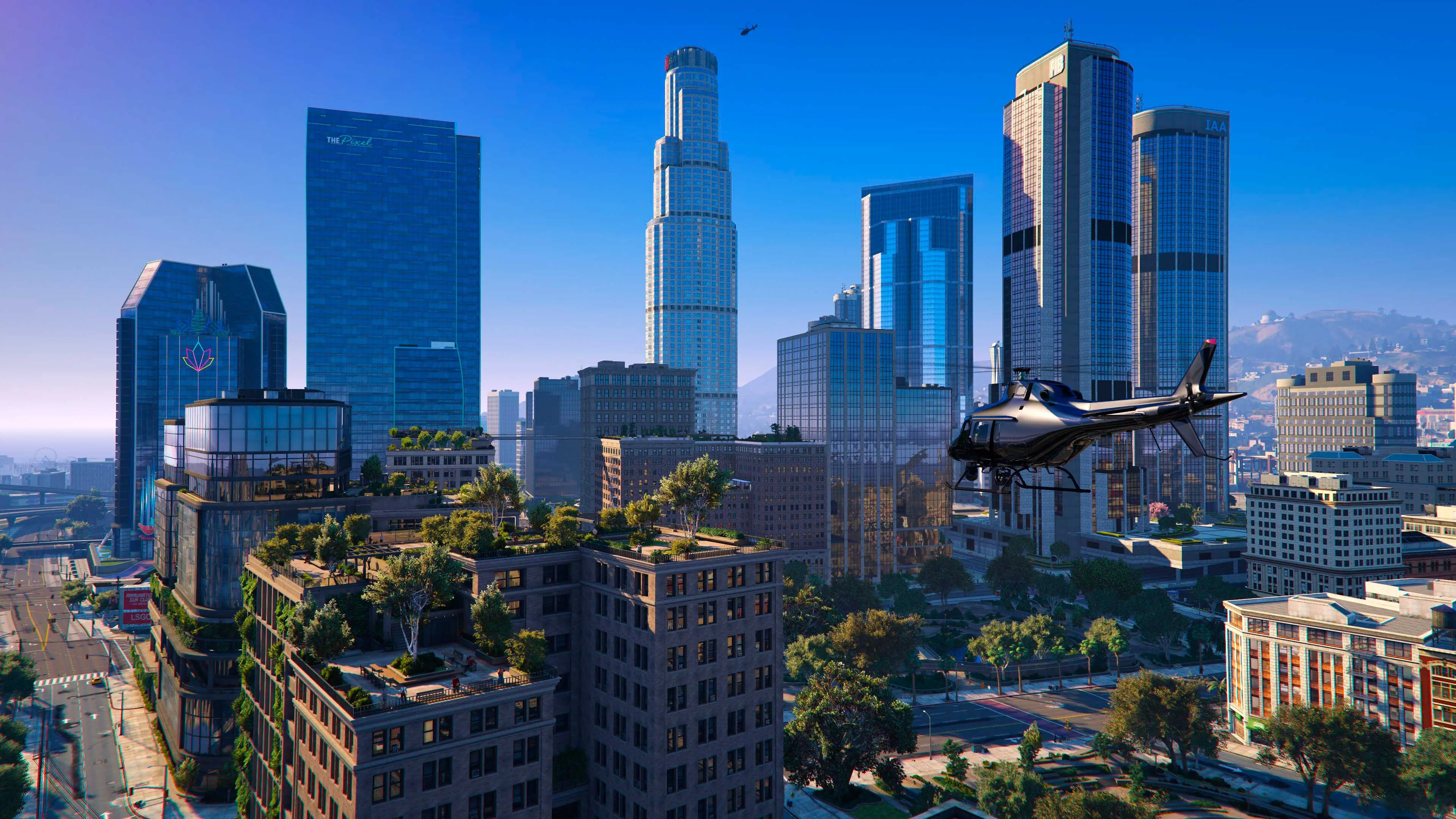 A black helicopter flies past the rebuilt Los Santos skyline in an official NoPixel V screenshot.