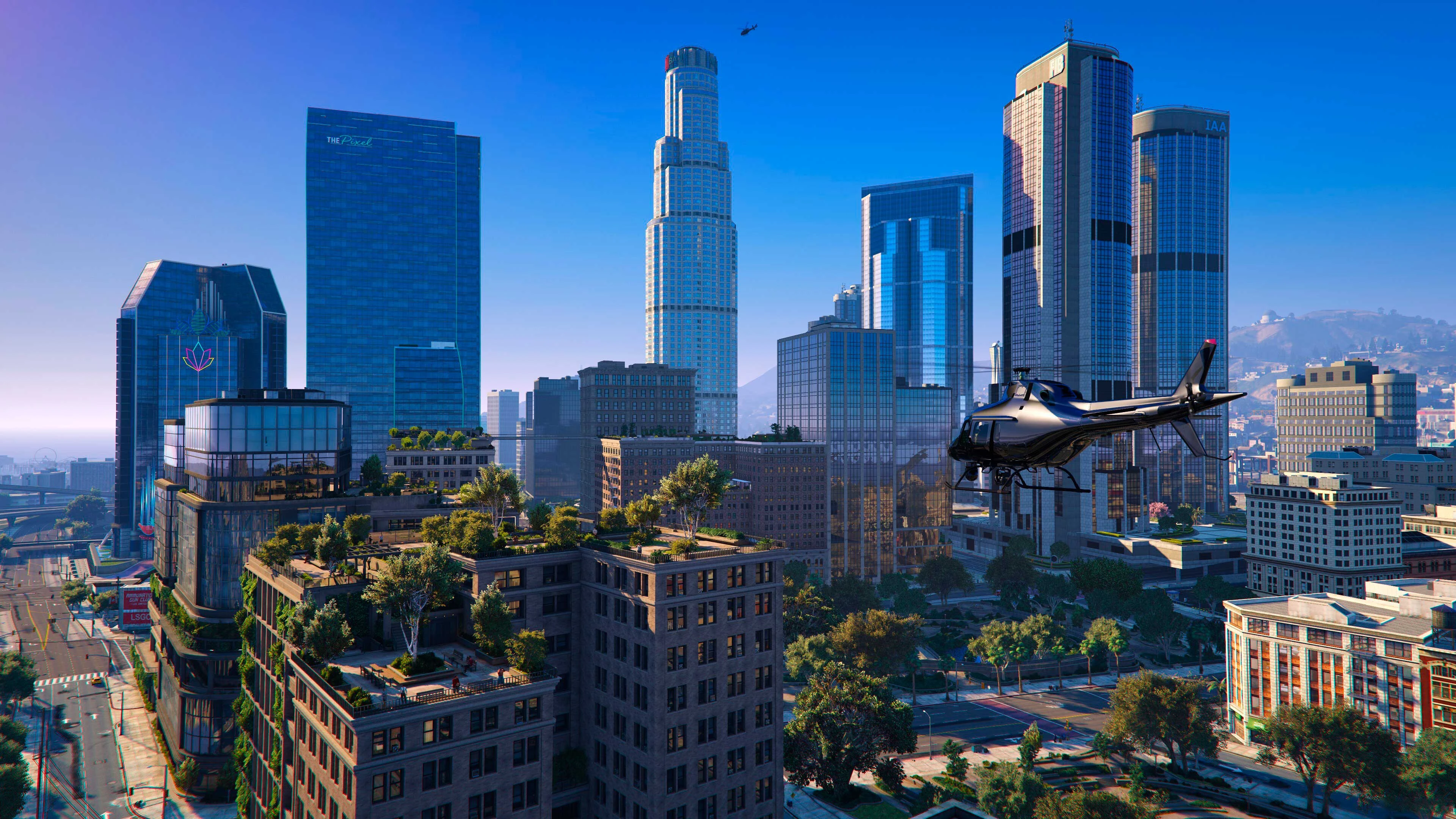 A black helicopter flies past the rebuilt Los Santos skyline in an official NoPixel V screenshot.