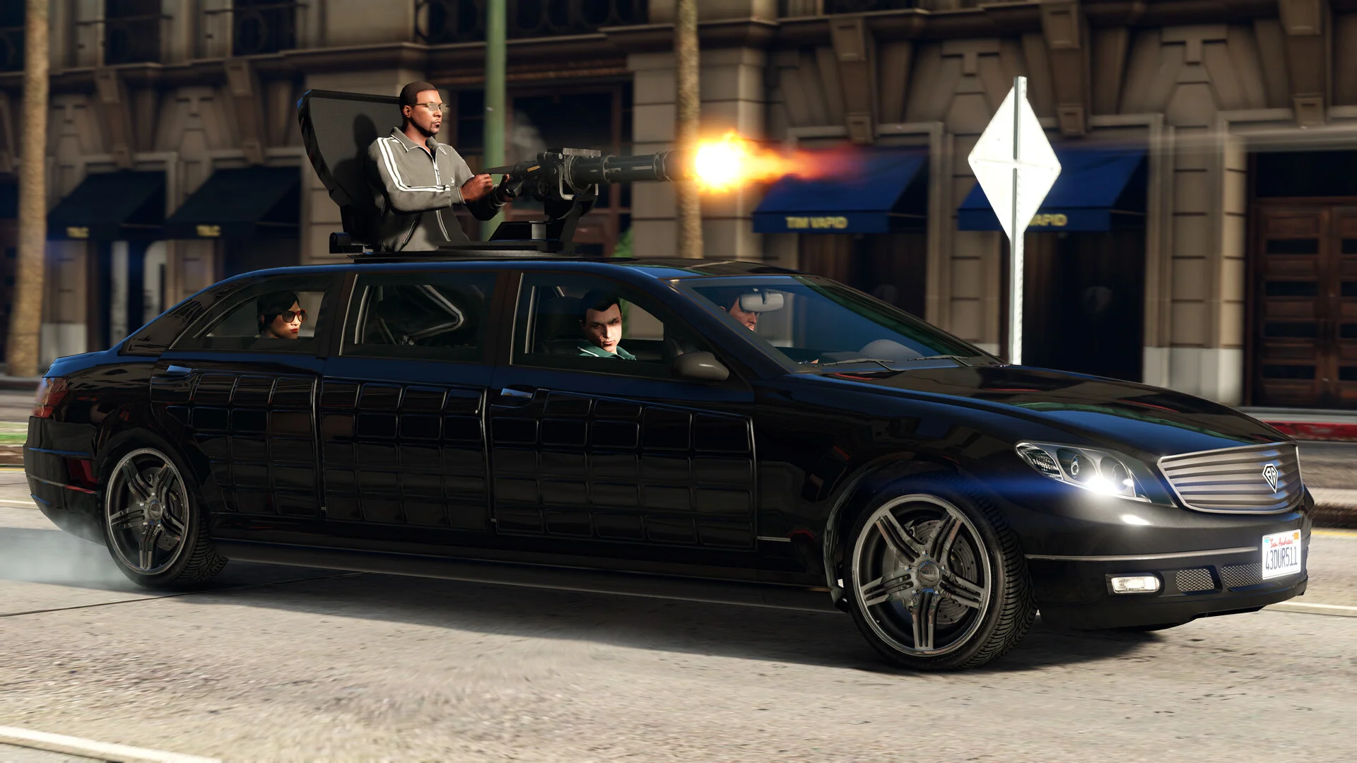 A GTA 5 crew escapes in an armored vehicle while a gunman fires from the roof.