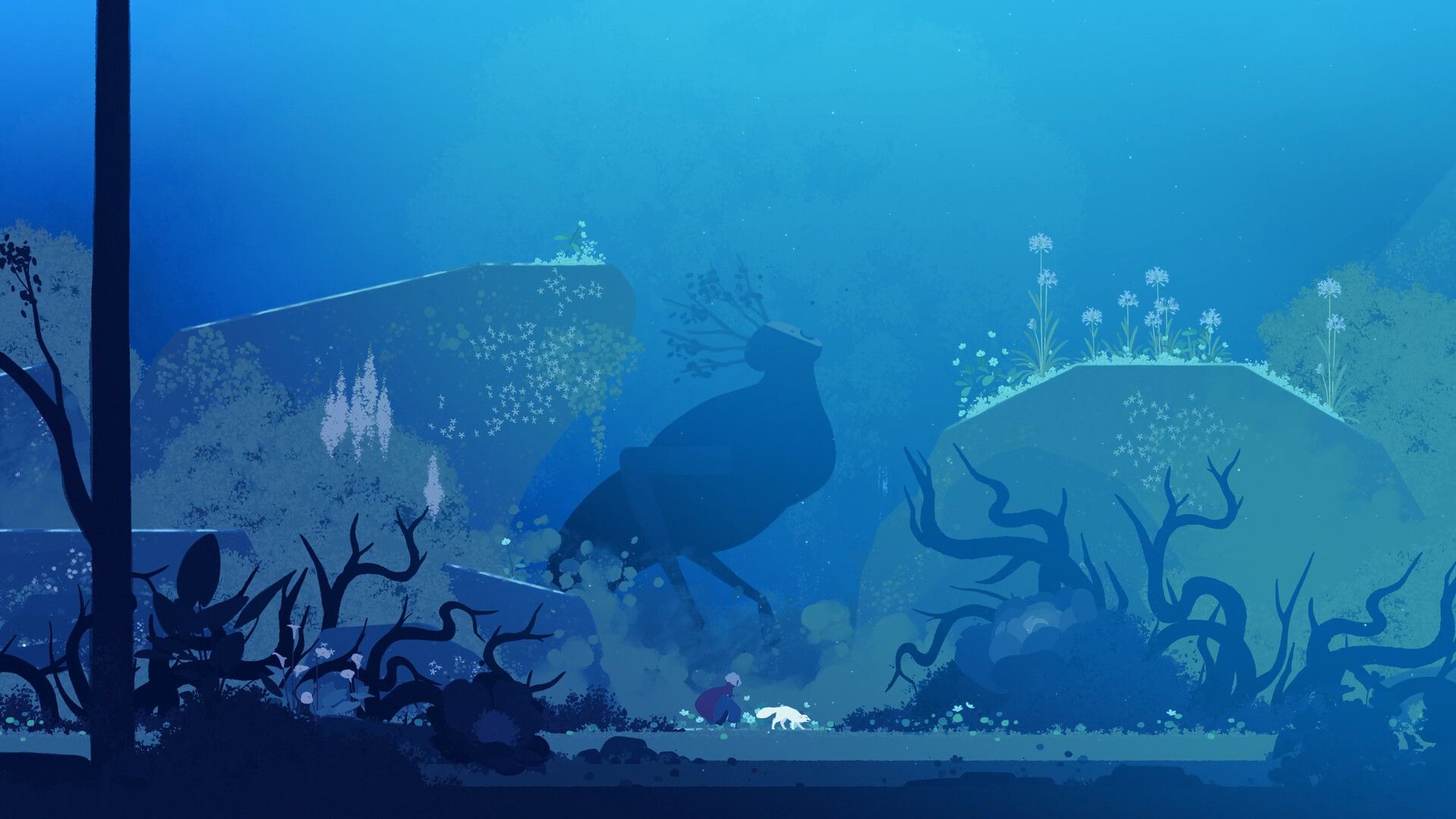 Blue forest light surrounds Alba and the wolf beside a glowing entrance in Neva.
