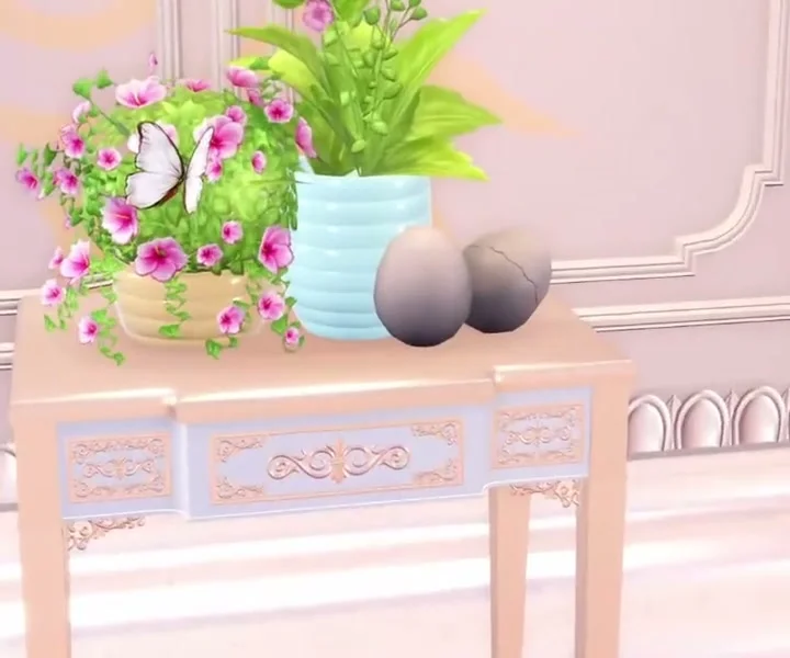 Eggs on a small table beside a blue flower vase near Skin Tones.