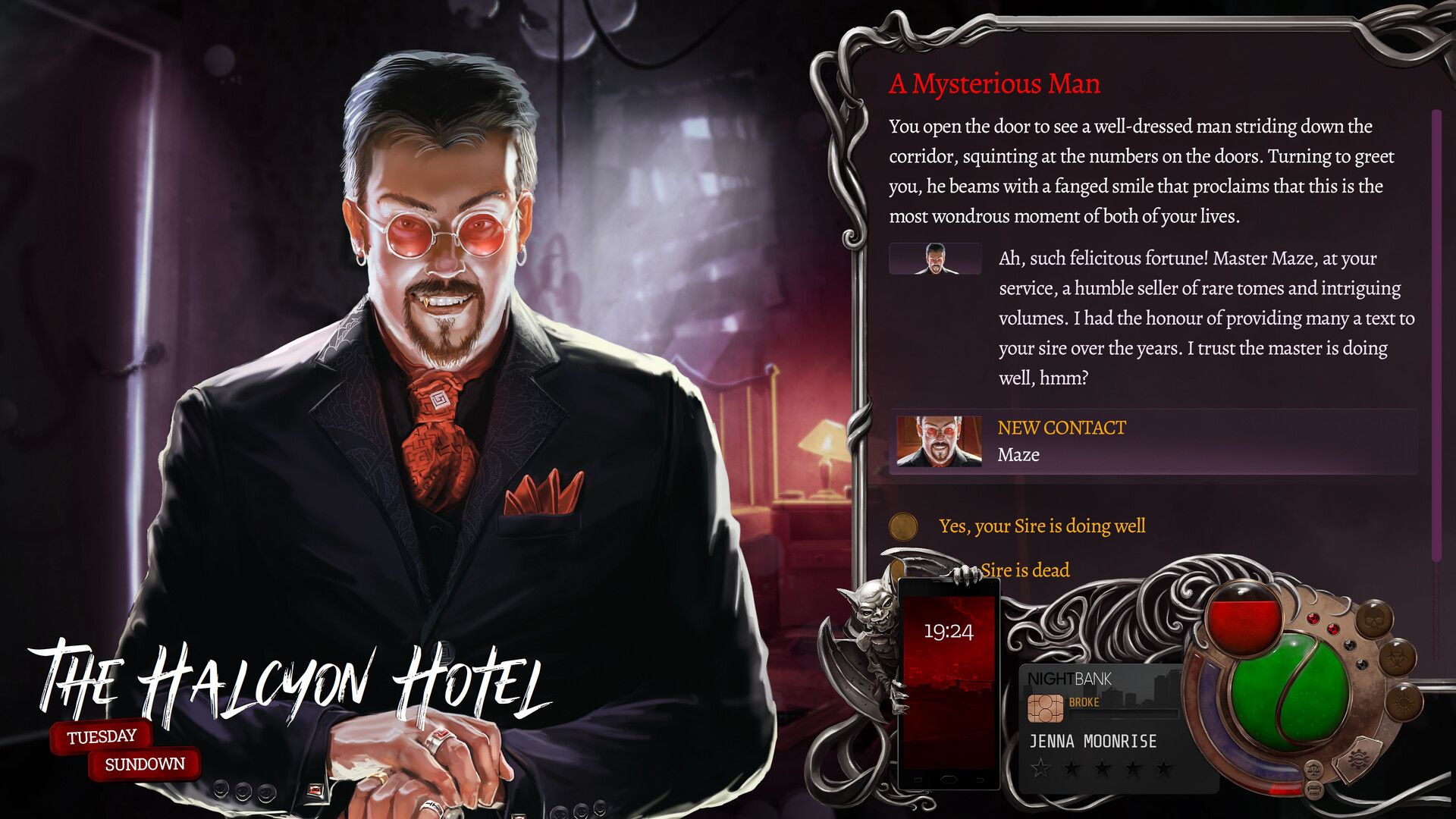 Nighthawks gameplay screenshot showing a character conversation.