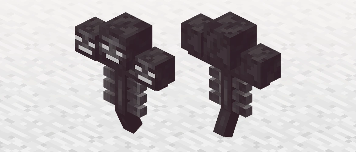 Front and back views of the three-headed Minecraft Wither boss on a light background.