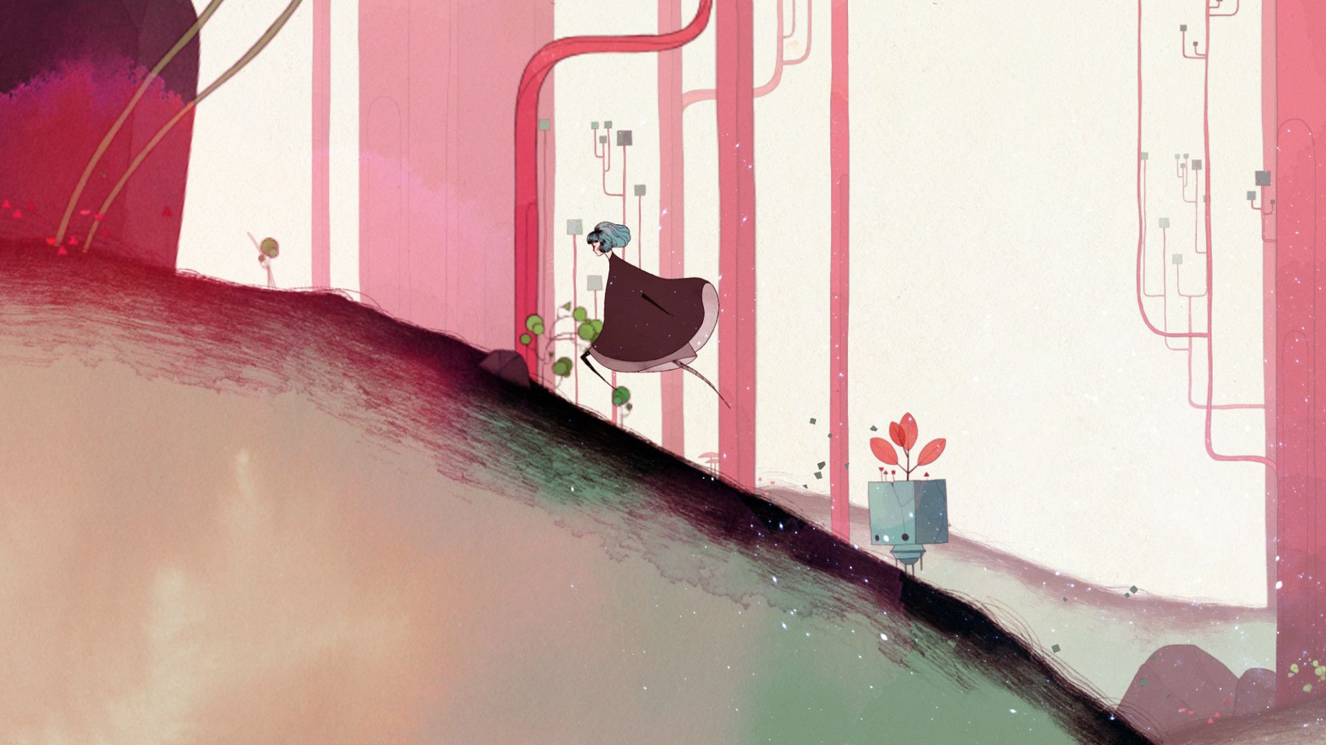 Gris moves past a small plant creature and pale pink pillars.