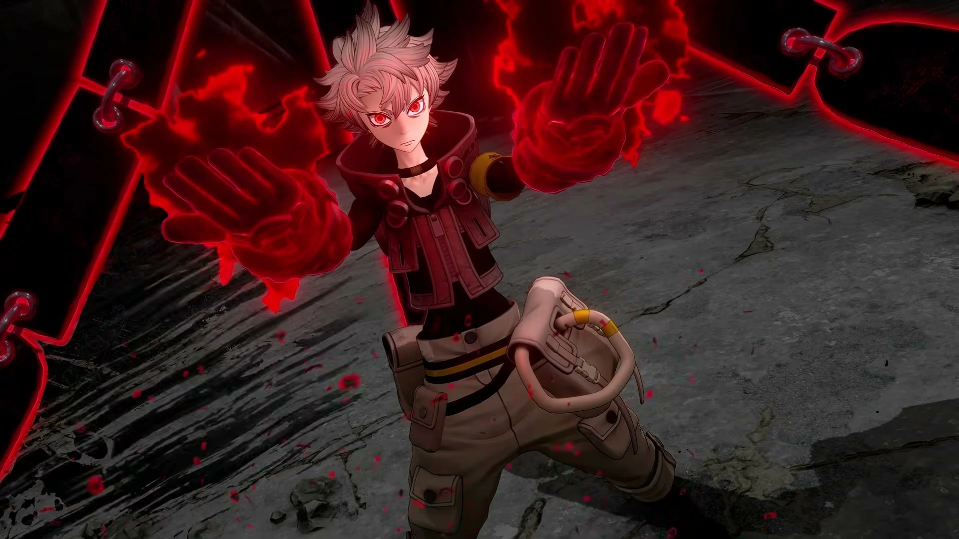 Rudo raises glowing red gauntlets in a sharp frame from Gachiakuta: Breakout.