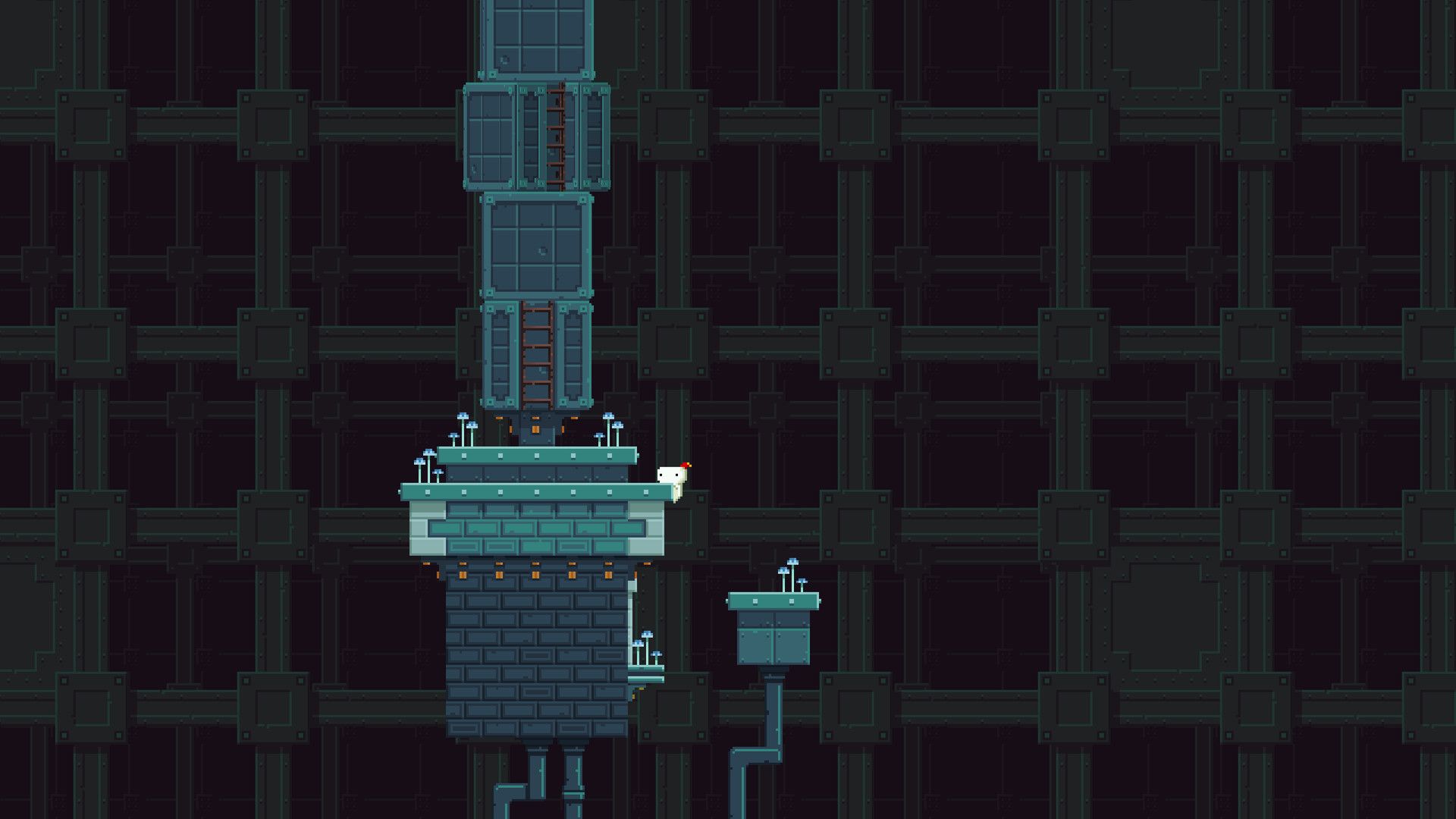 Gomez stands at the edge of a teal industrial platform below a tall central ladder.