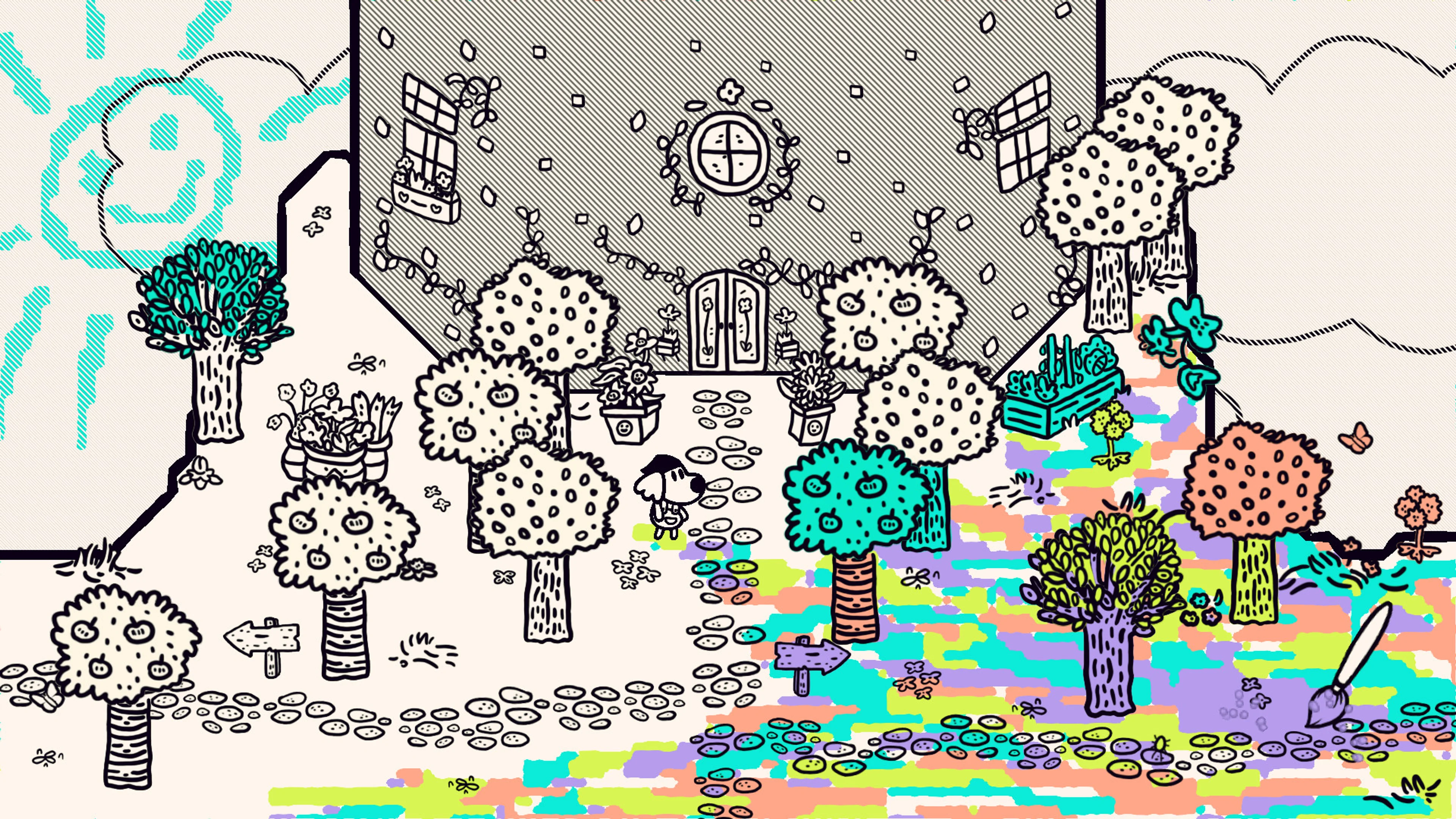 Part of a black-and-white town and forest has been painted with bright colors in Chicory: A Colorful Tale.