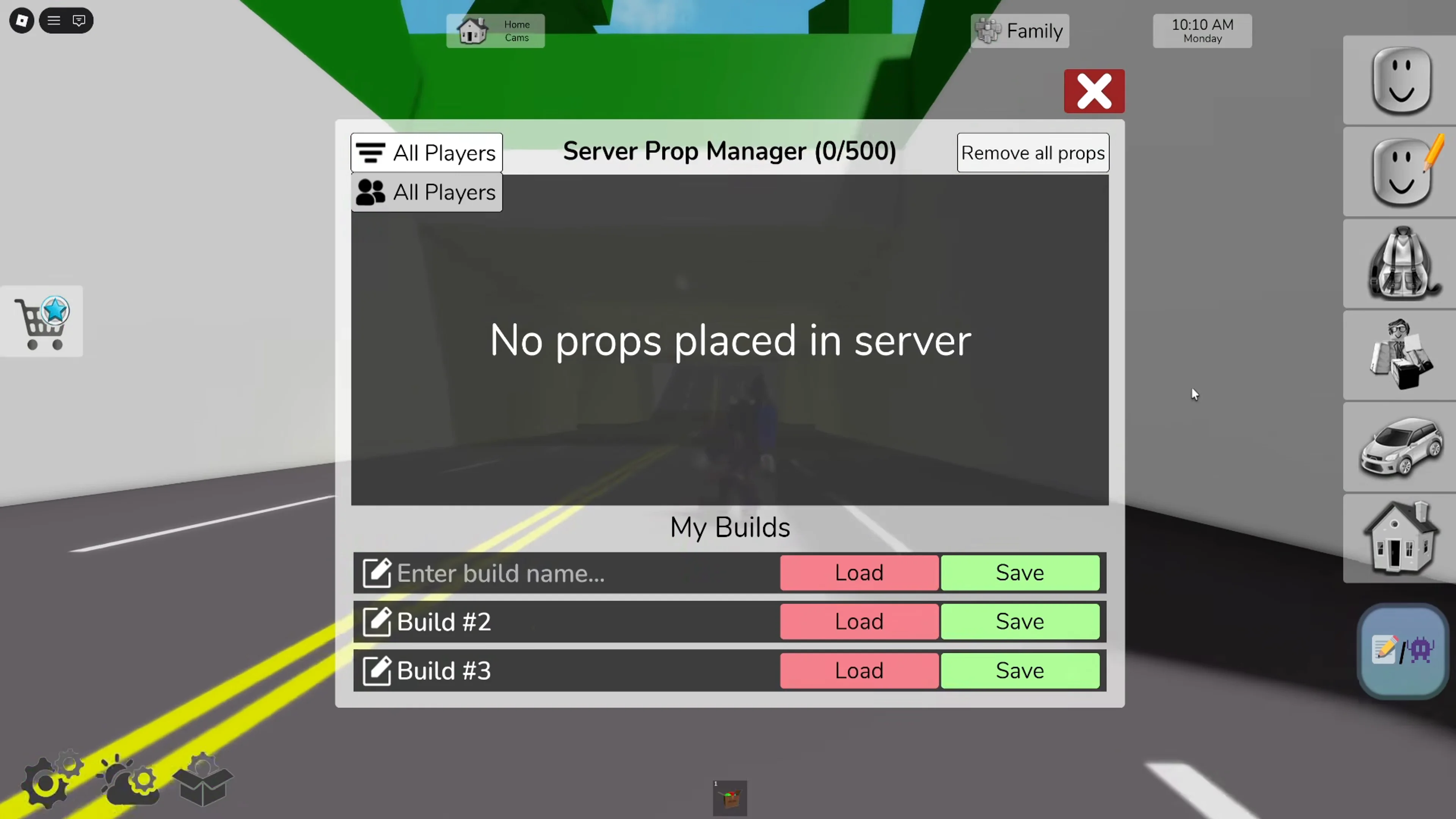 Brookhaven Server Prop Manager with three build slots and separate Load and Save buttons.