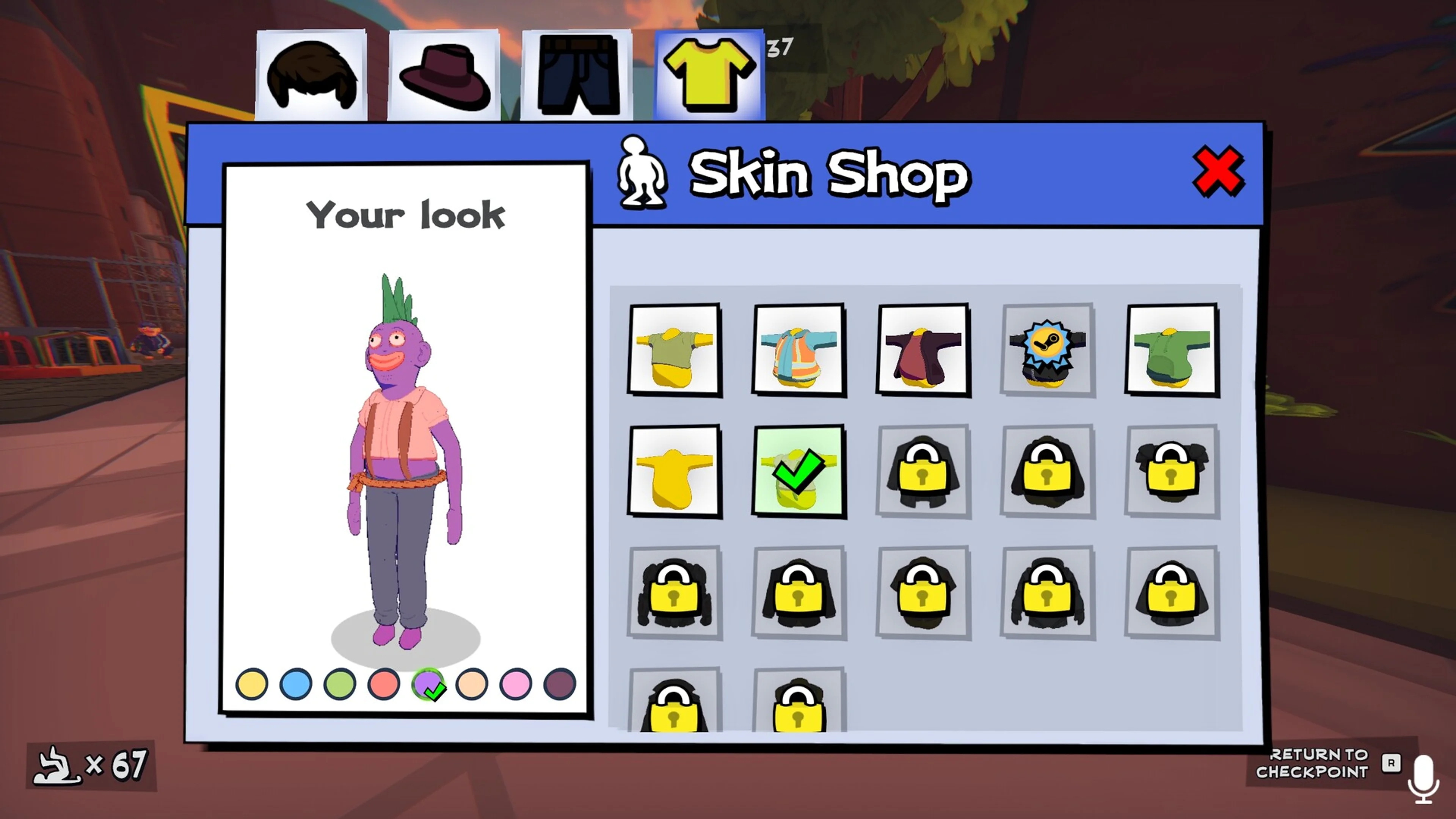 The Friendly Steps skin shop displays clothing, color, and hairstyle options for a player character.