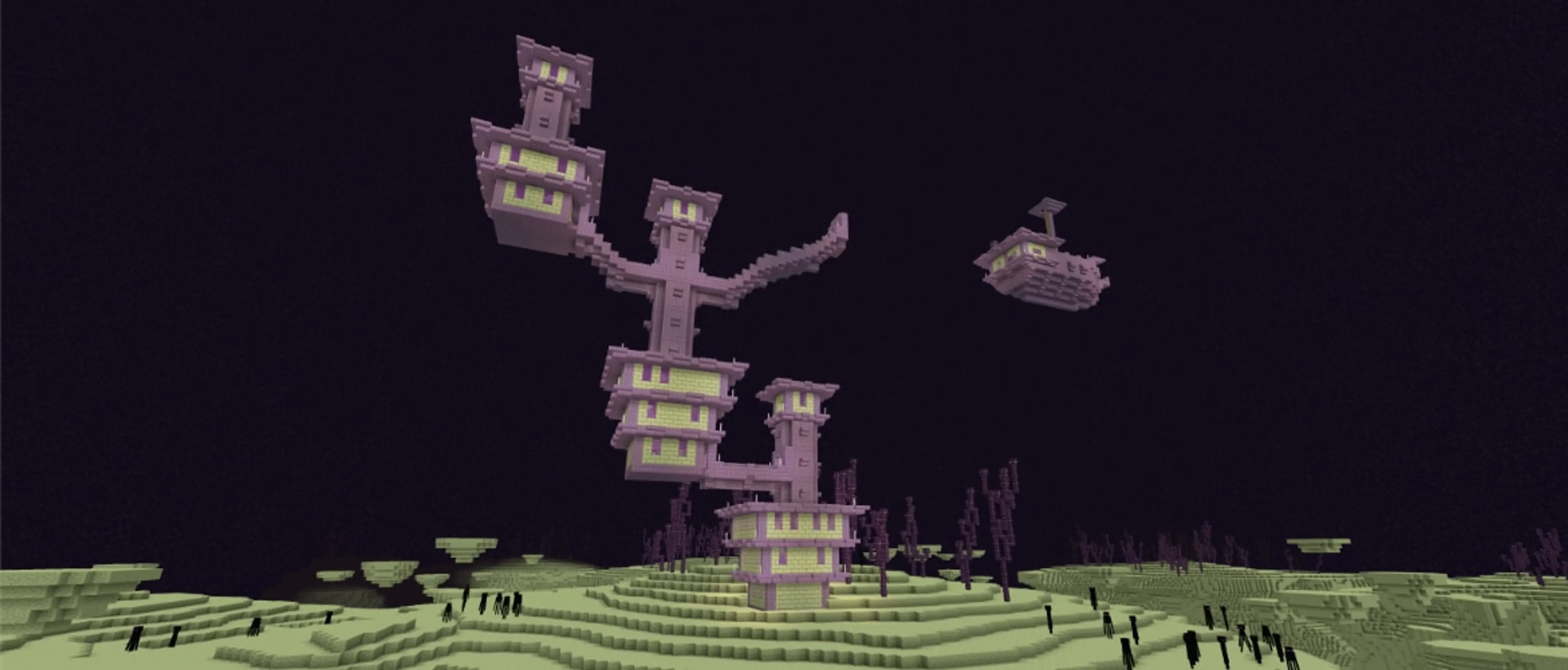 An End city and floating ship above the outer islands in Minecraft.