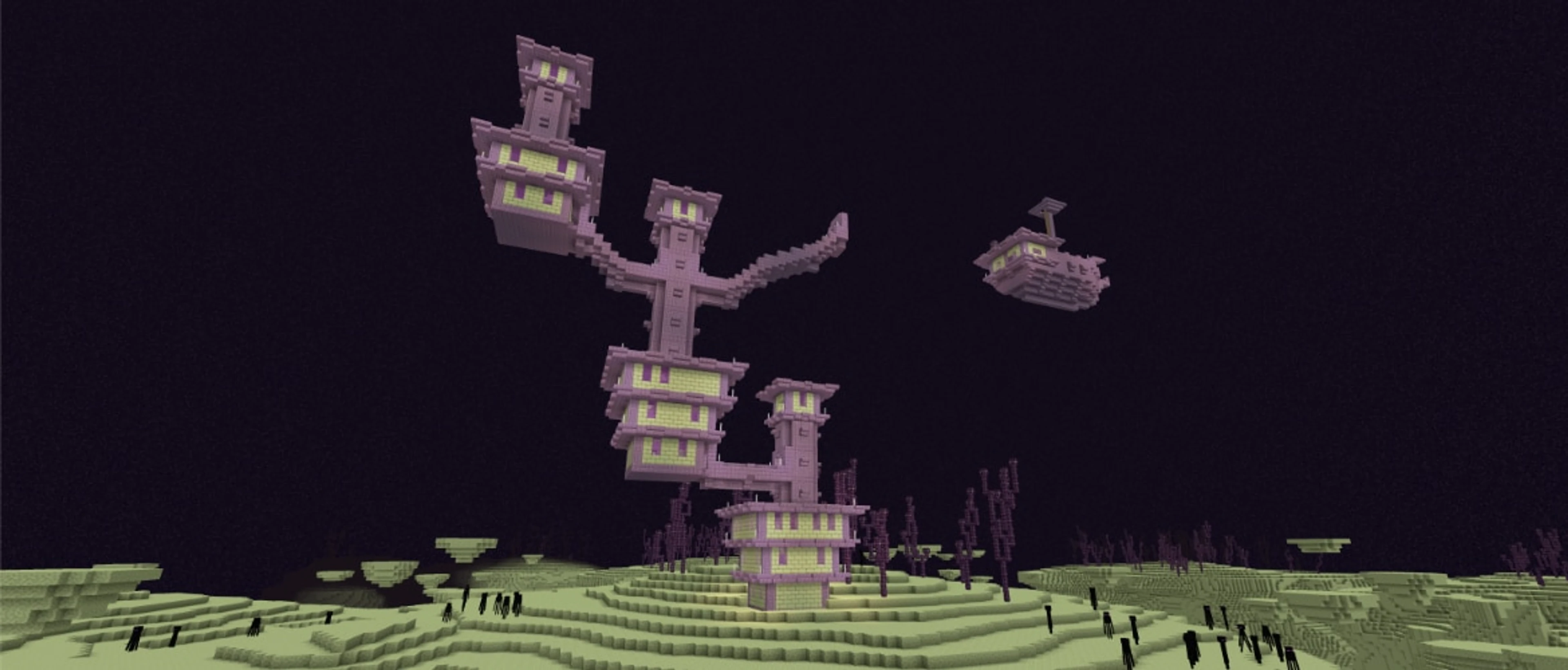 An End city and floating ship above the outer islands in Minecraft.
