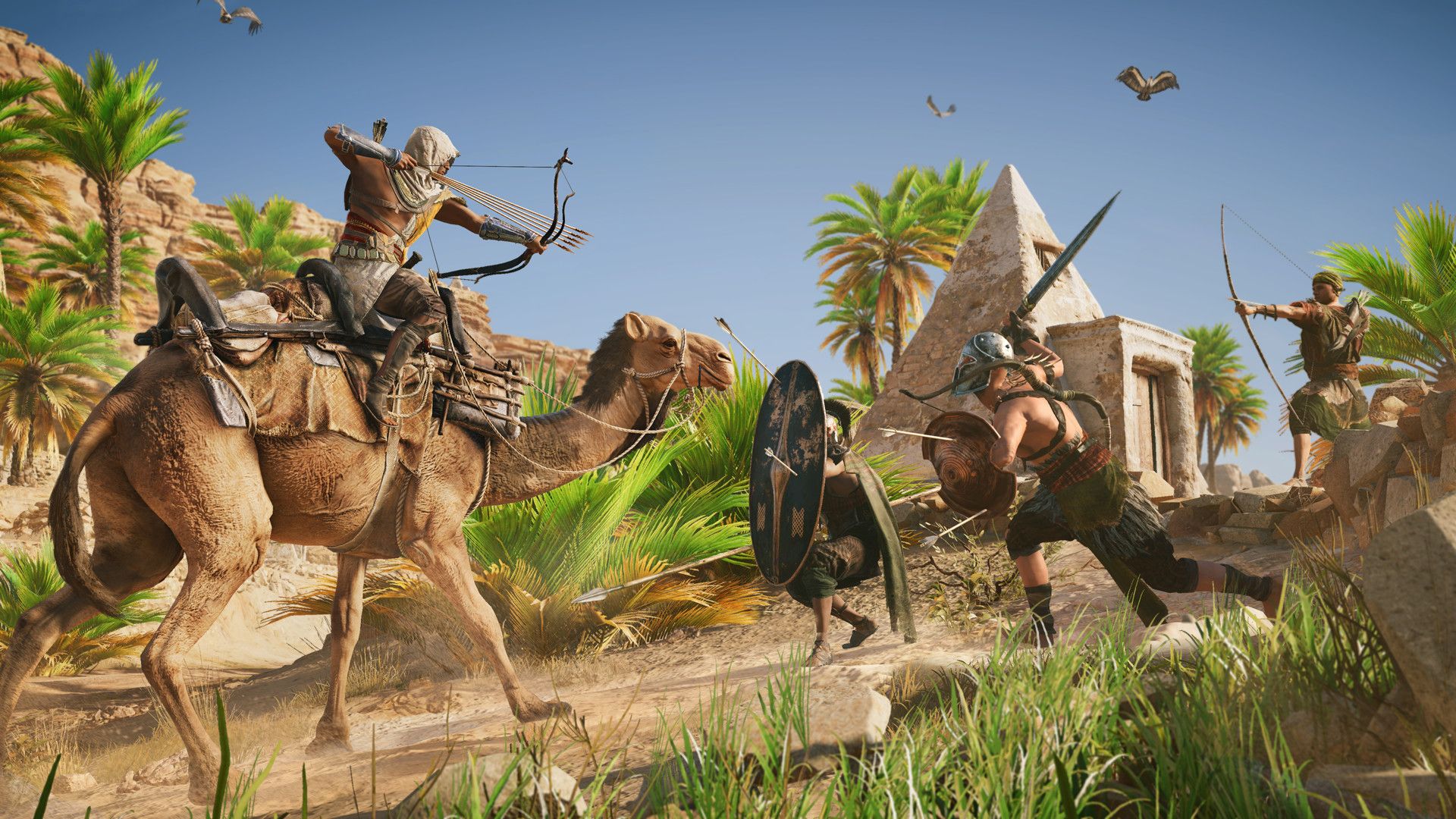 Bayek fights mounted opponents near palm trees.