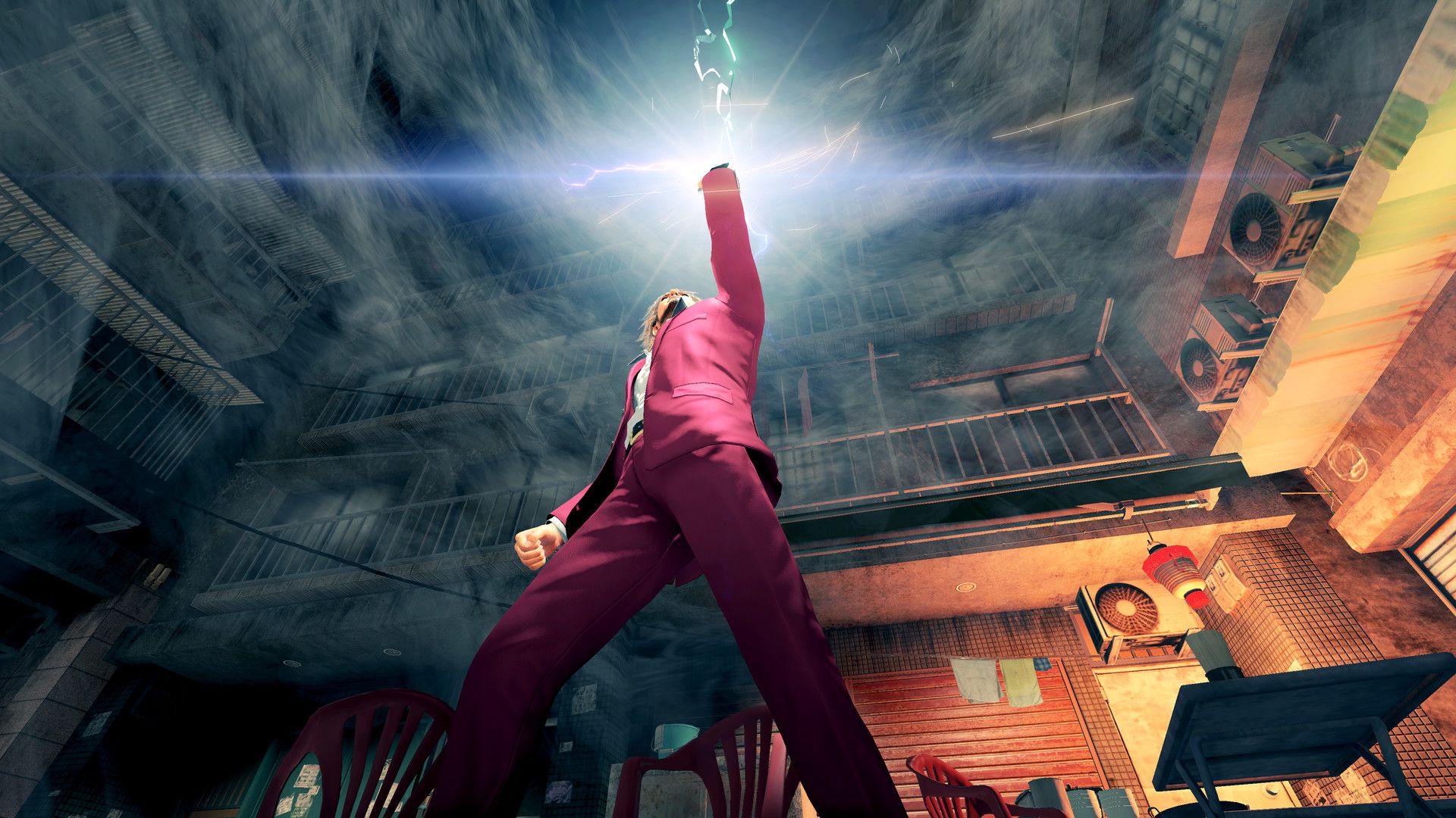 Ichiban in his red suit lifts a glowing bat into the air.