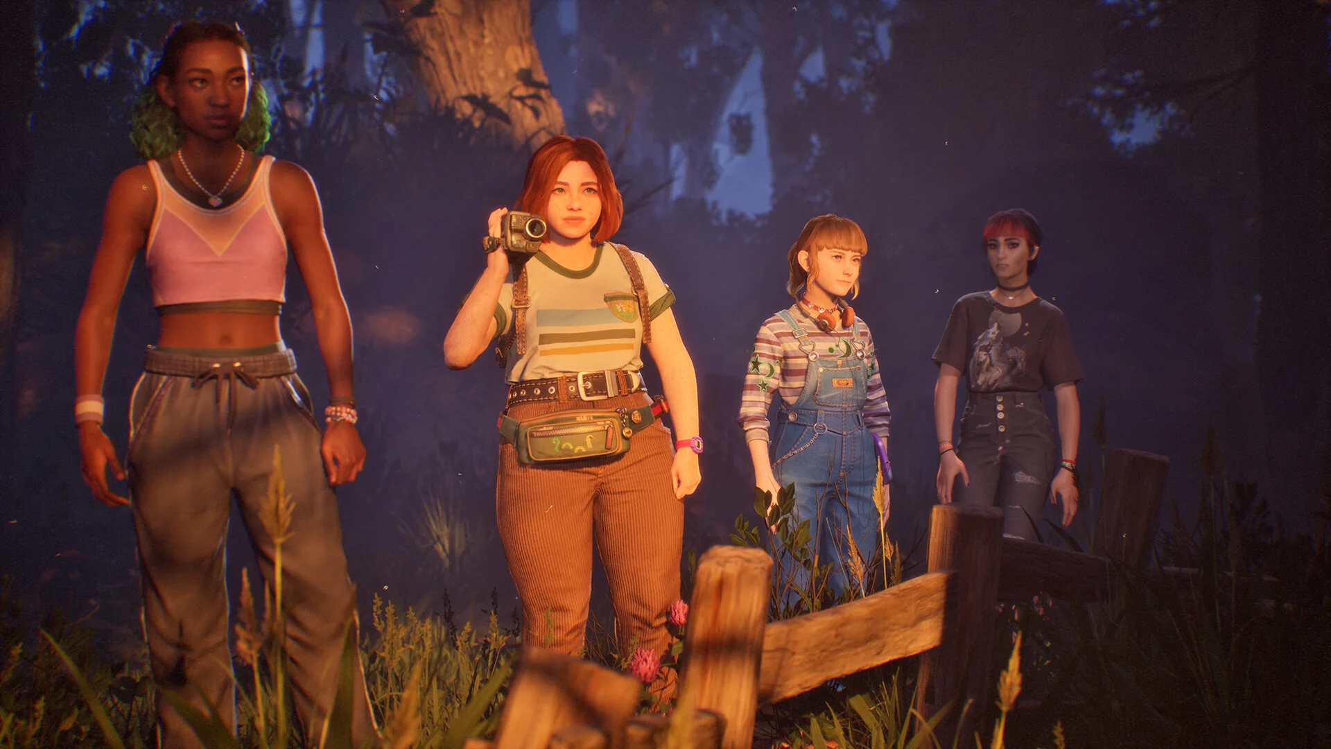 Four friends walk through a forest in Lost Records: Bloom & Rage.