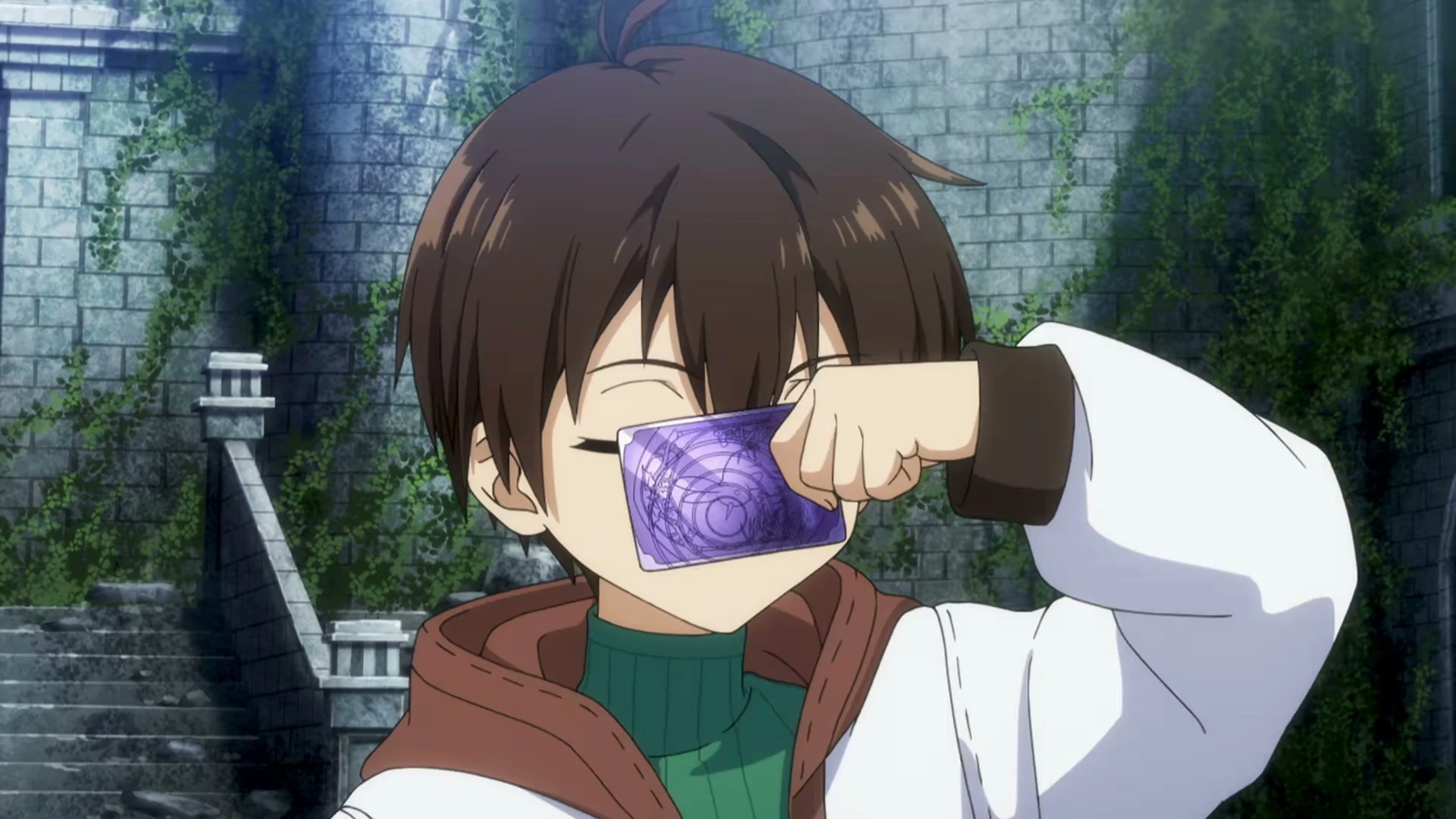 Yuma holds a purple card in front of a glowing background.